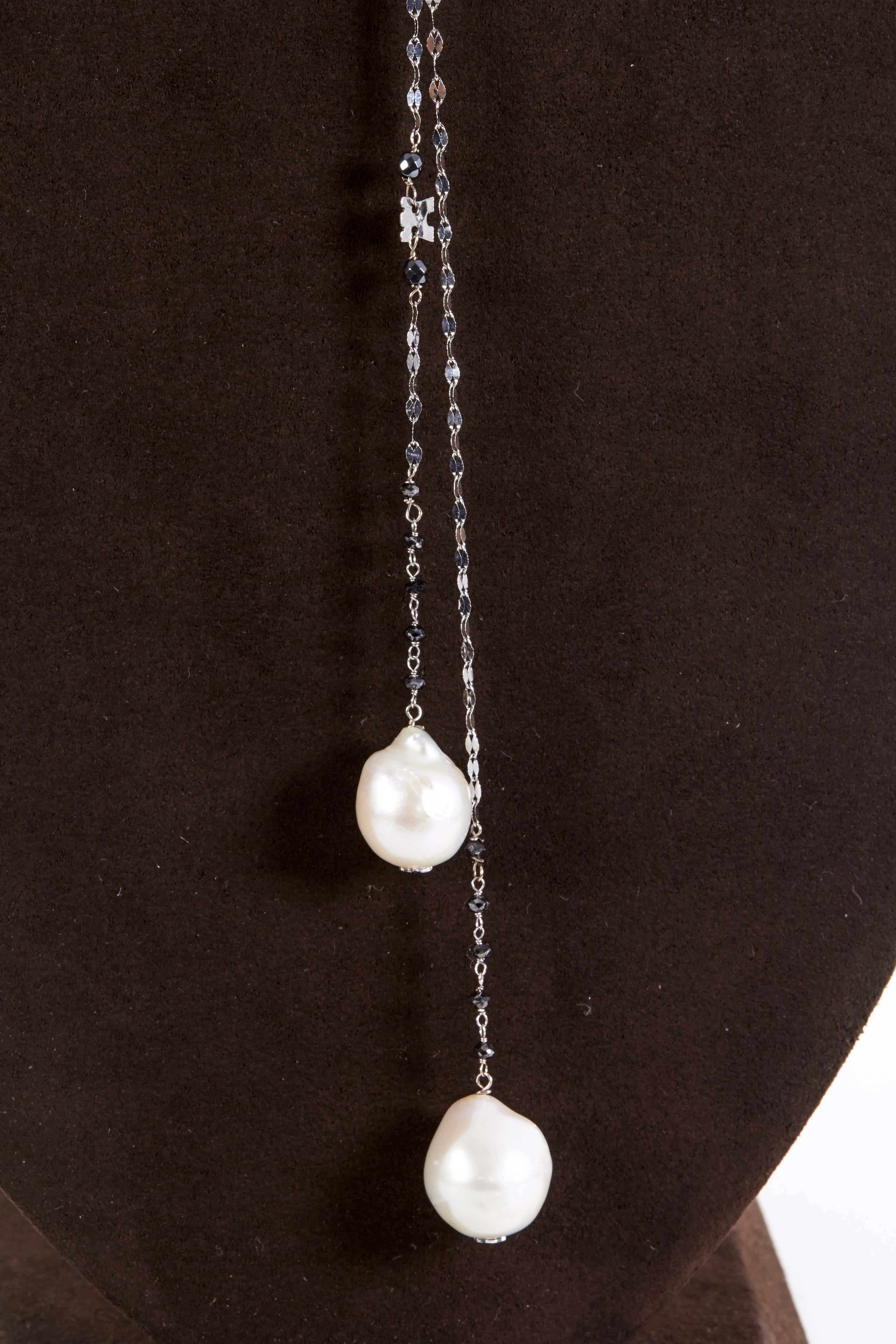 Women's Baroque Pearl Black Diamond Gold Lariat Necklace 