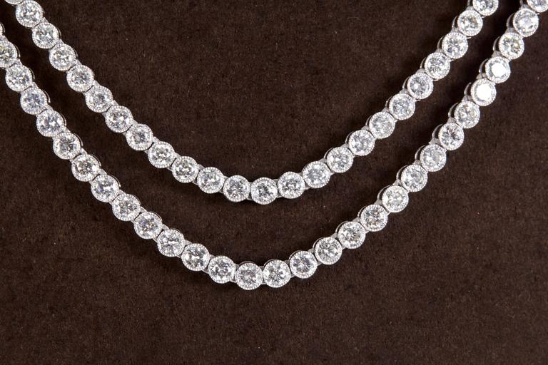 Round Cut Two Row Diamond Platinum Tennis Necklace For Sale
