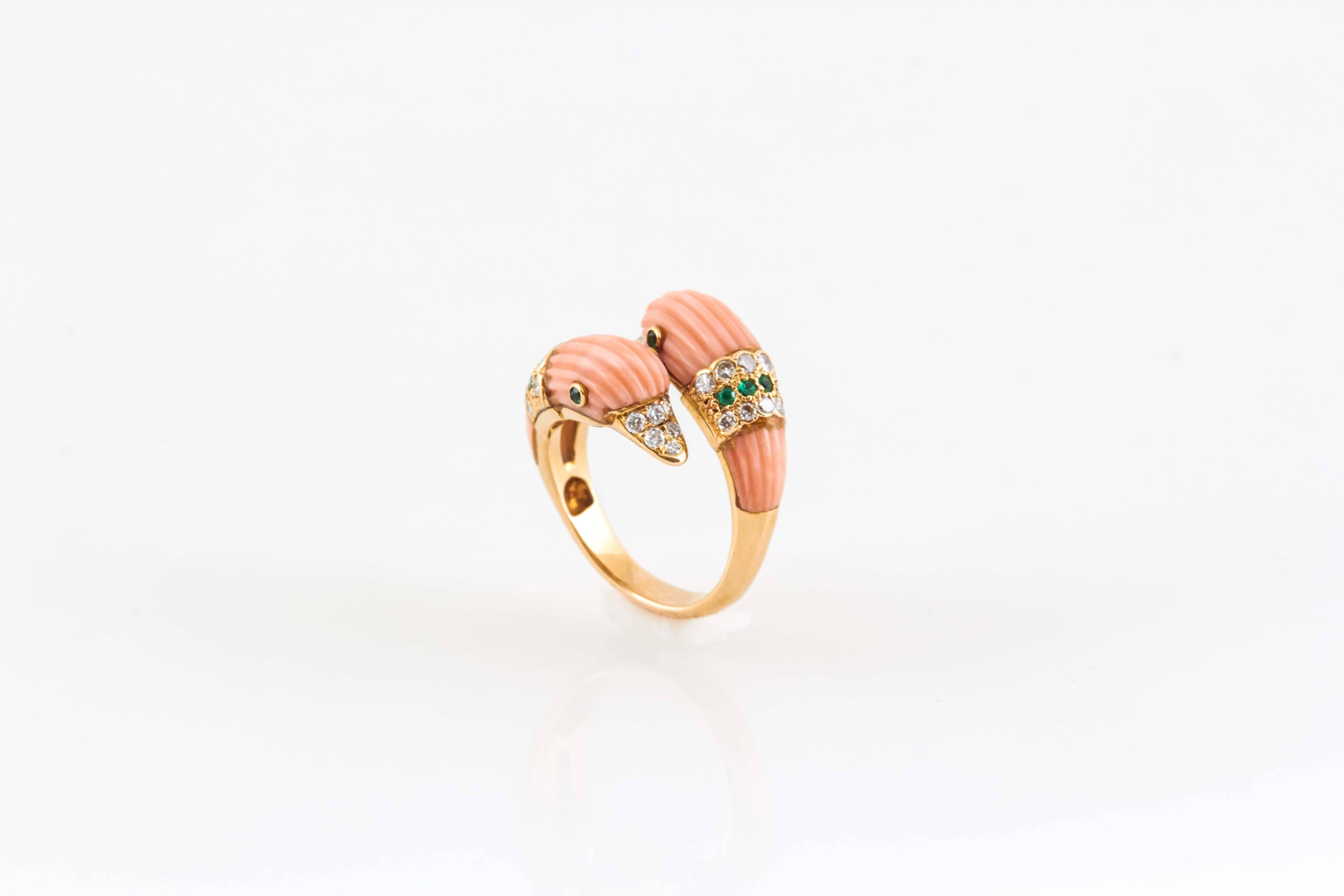 Coral Duck Head  Diamond and Emerald Ring  1