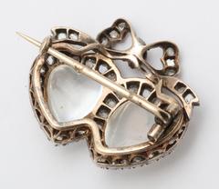 Victorian Moonstone Diamond Silver Gold Double Heart Brooch