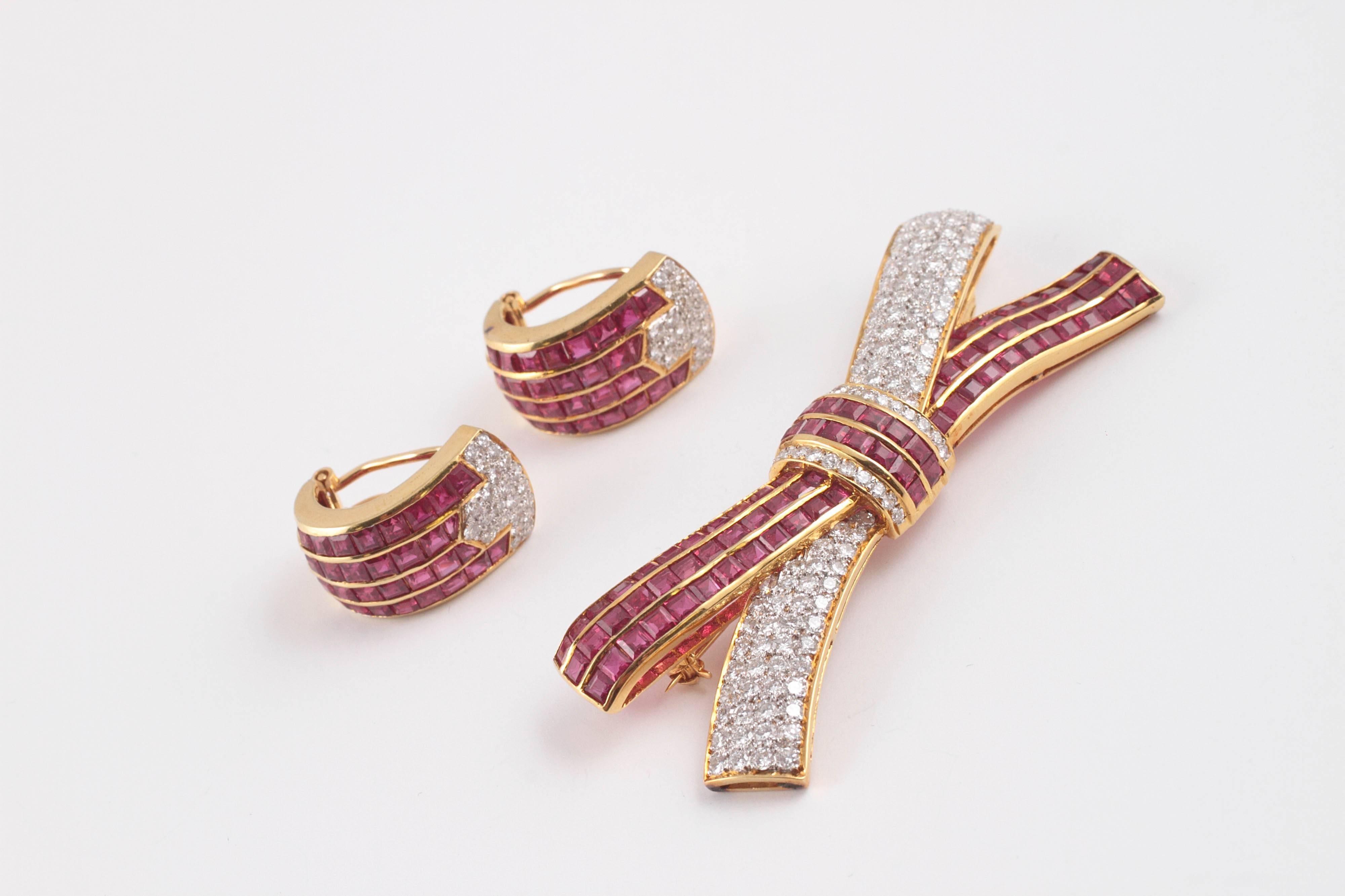 Modern  Ruby diamond brooch with matching earrings