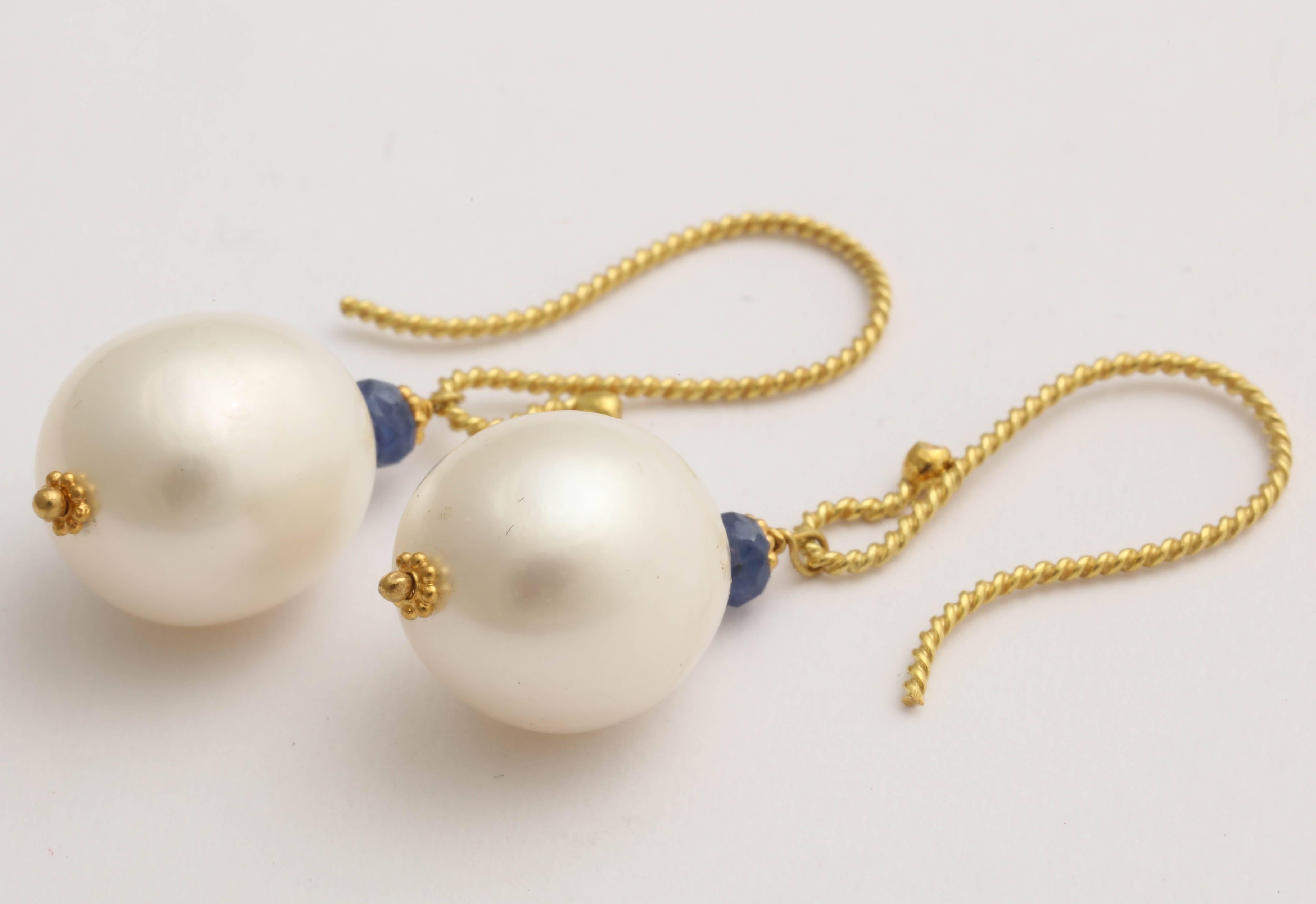 Artisan Graceful Pearl and Sapphire Earrings For Sale