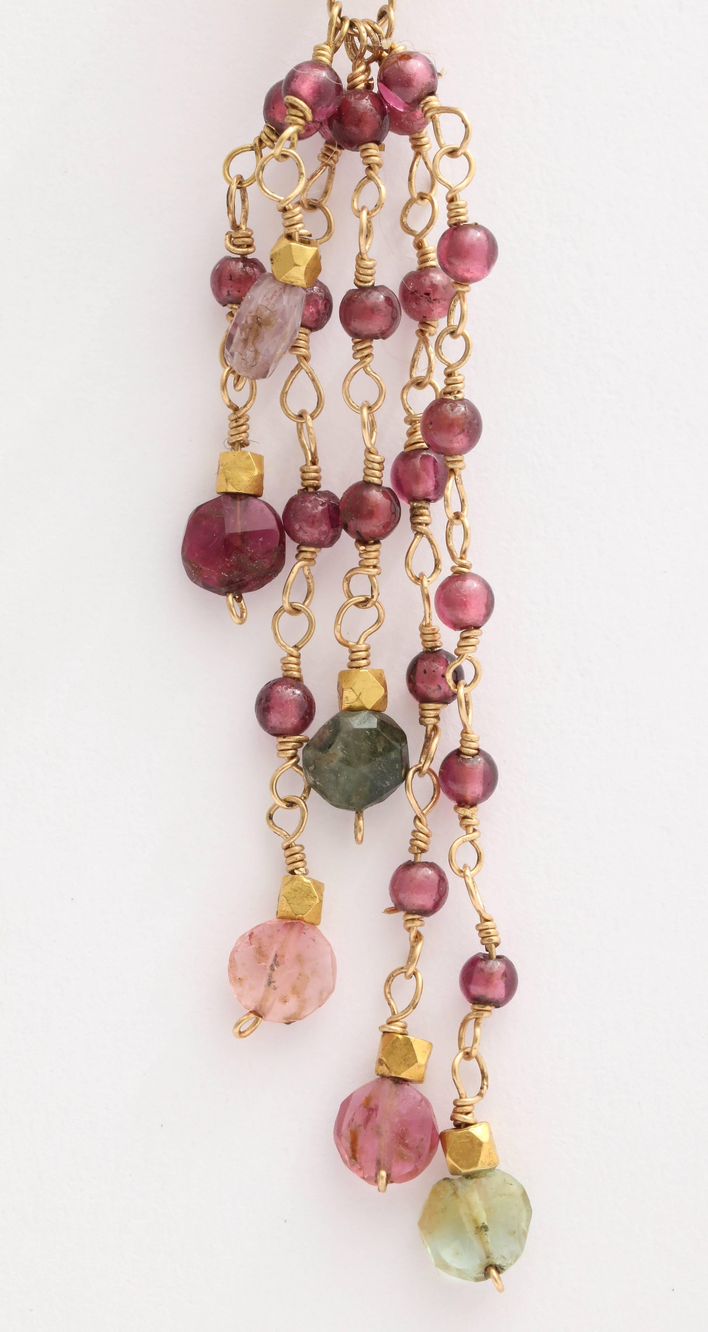 Garnet Tourmaline Bead Gold Dangle Earrings In New Condition For Sale In TRYON, NC