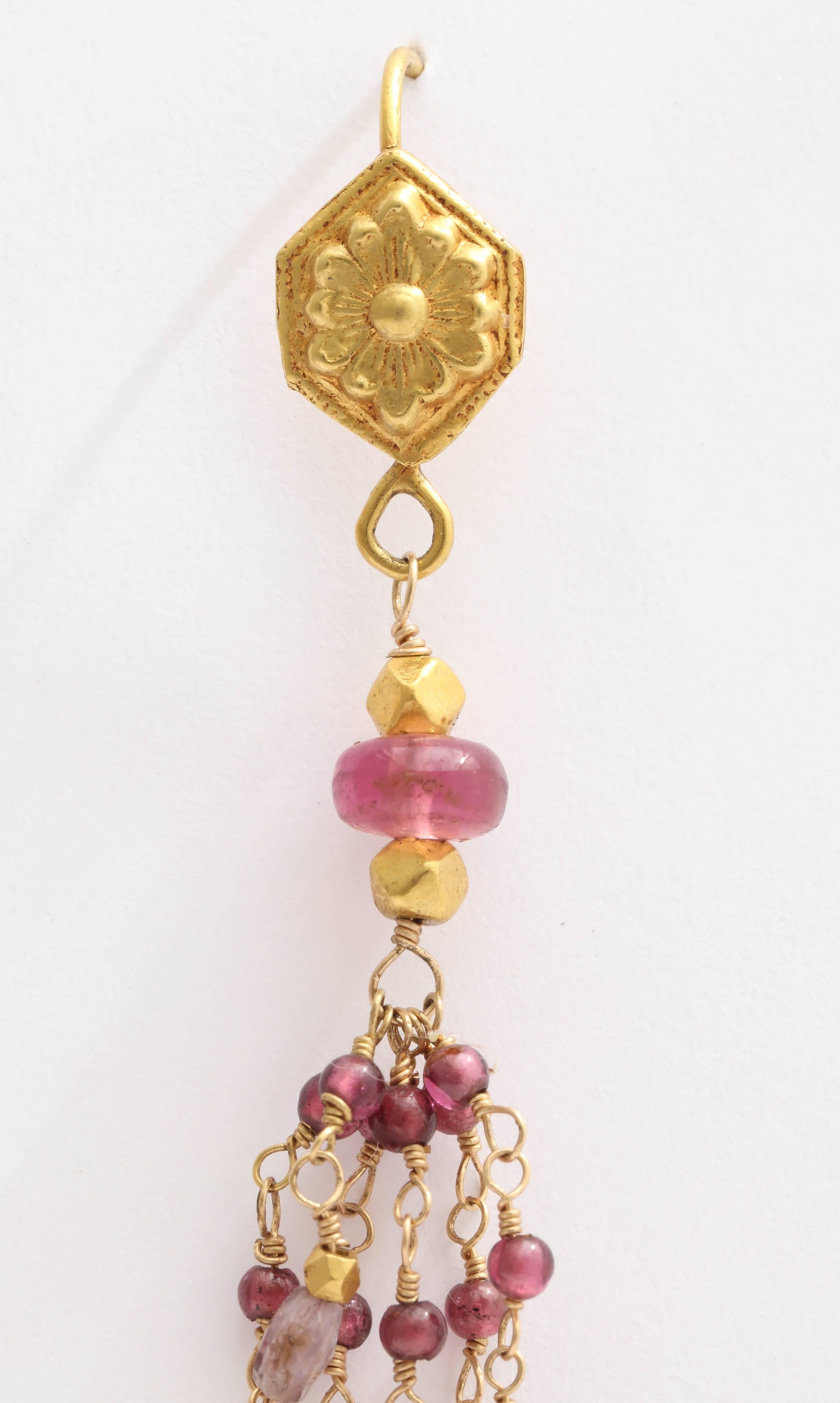 Women's or Men's Garnet Tourmaline Bead Gold Dangle Earrings For Sale