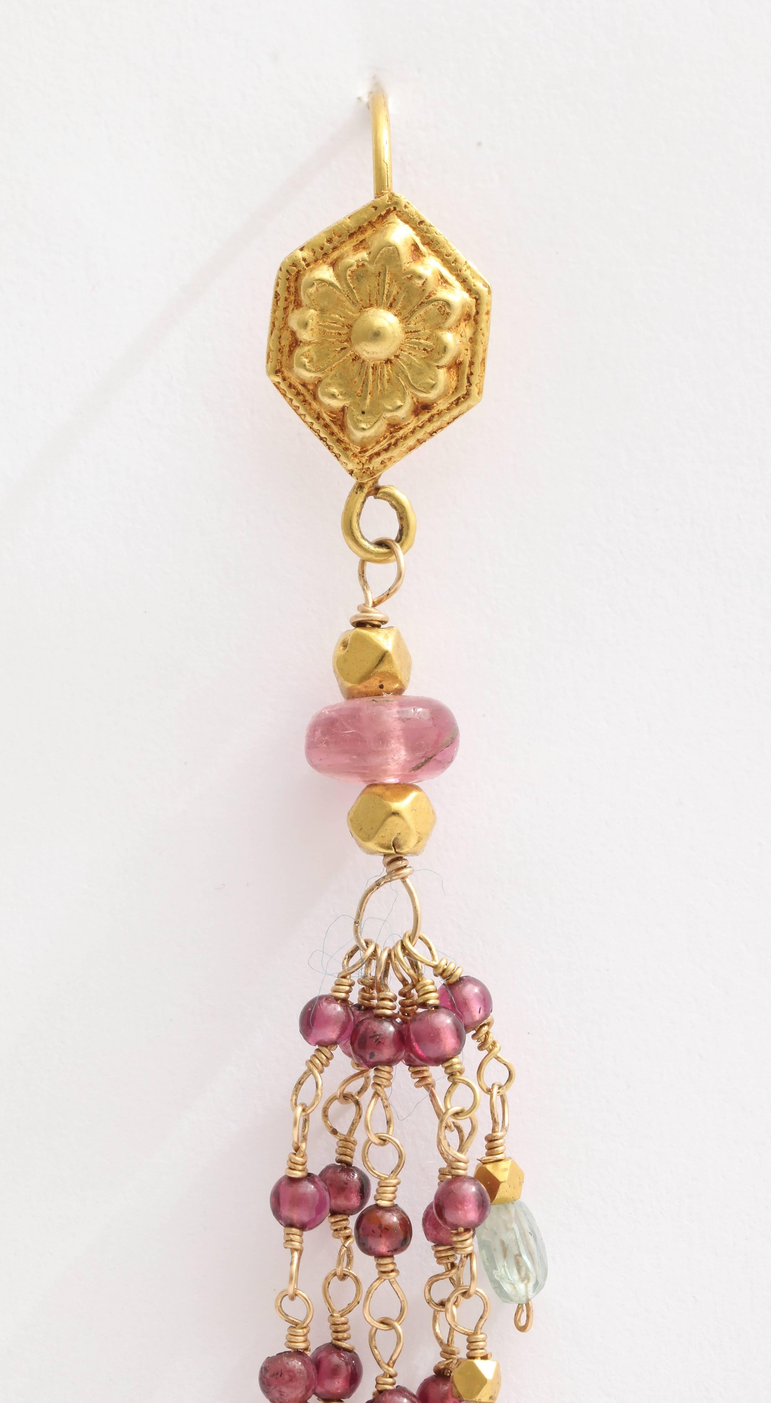 Garnet Tourmaline Bead Gold Dangle Earrings For Sale 2