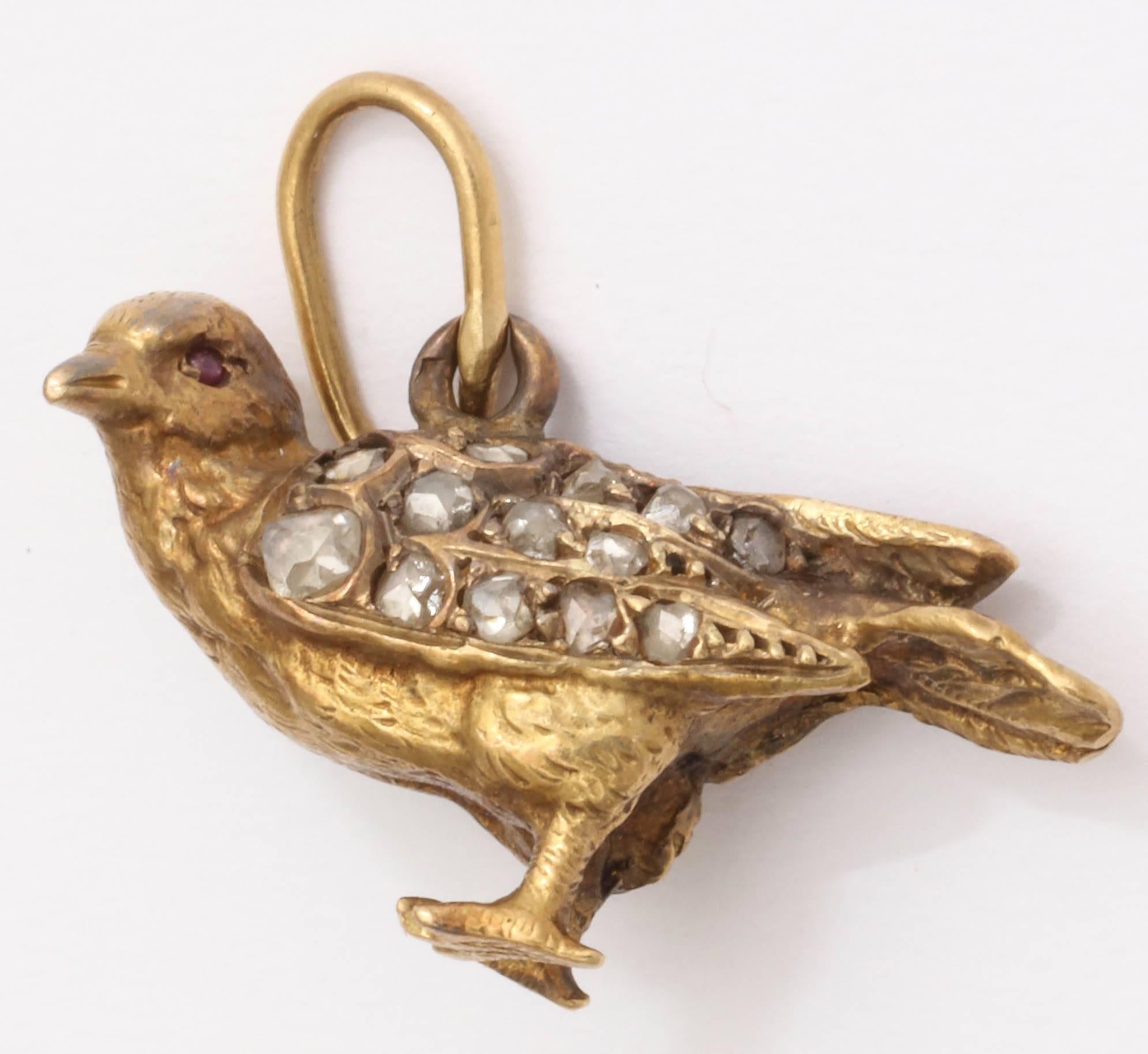 Delightful Edwardian Diamond Gold Bird Pendant Charm In Excellent Condition In TRYON, NC