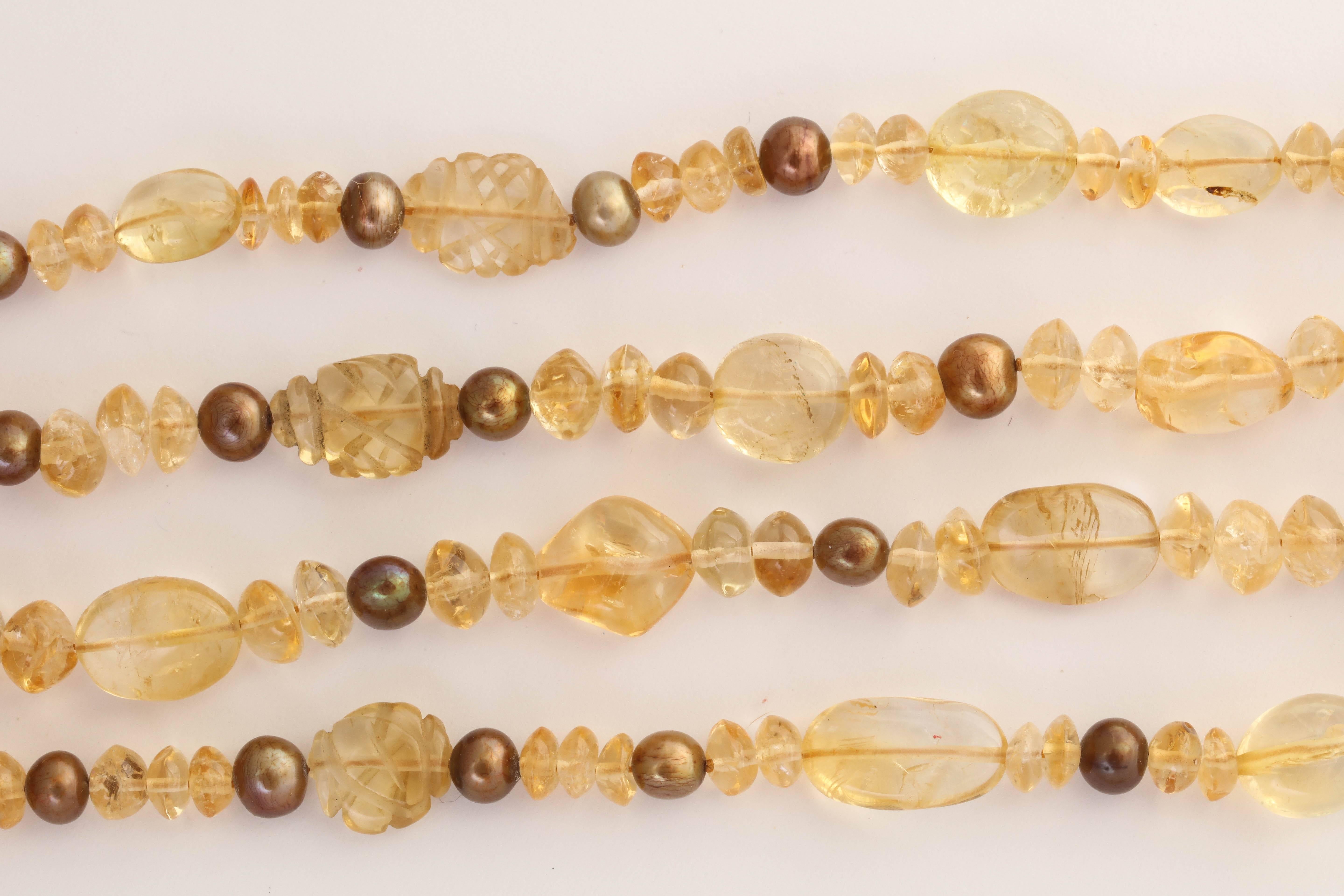 Artisan Extra Long Citrine and Brown Pearl 124 in. Necklace For Sale
