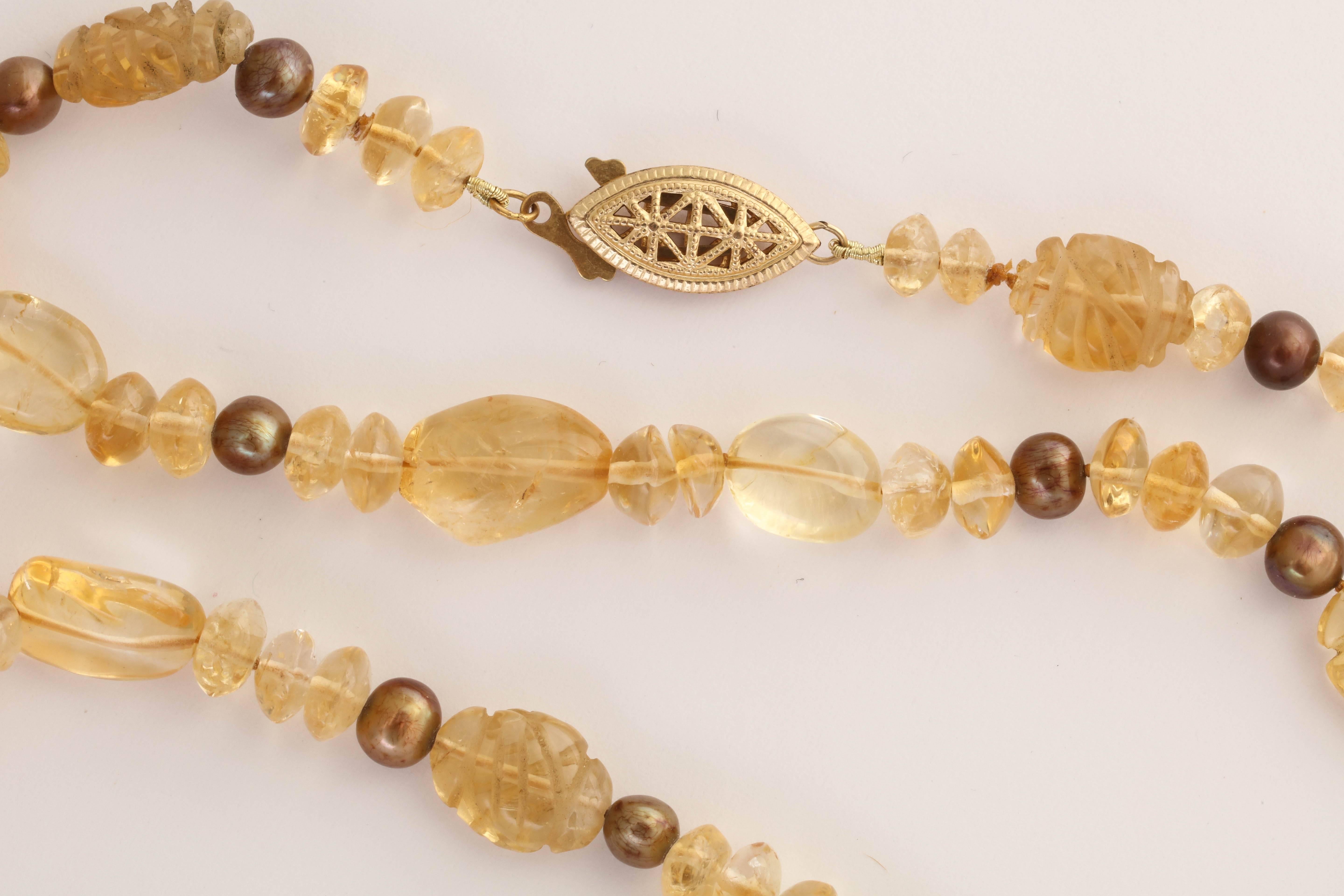 Extra Long Citrine and Brown Pearl 124 in. Necklace In New Condition For Sale In TRYON, NC