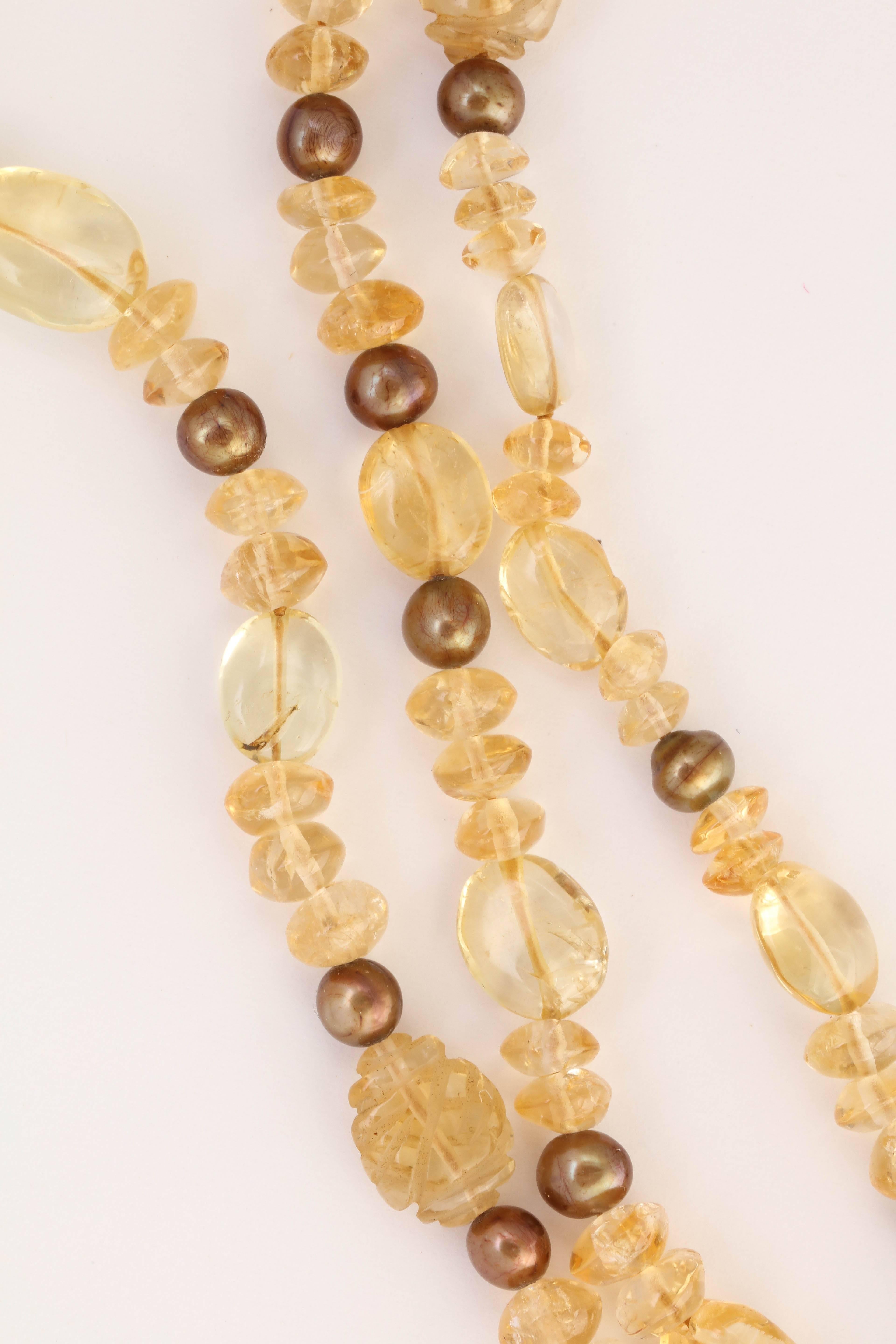 Women's Extra Long Citrine and Brown Pearl 124 in. Necklace For Sale