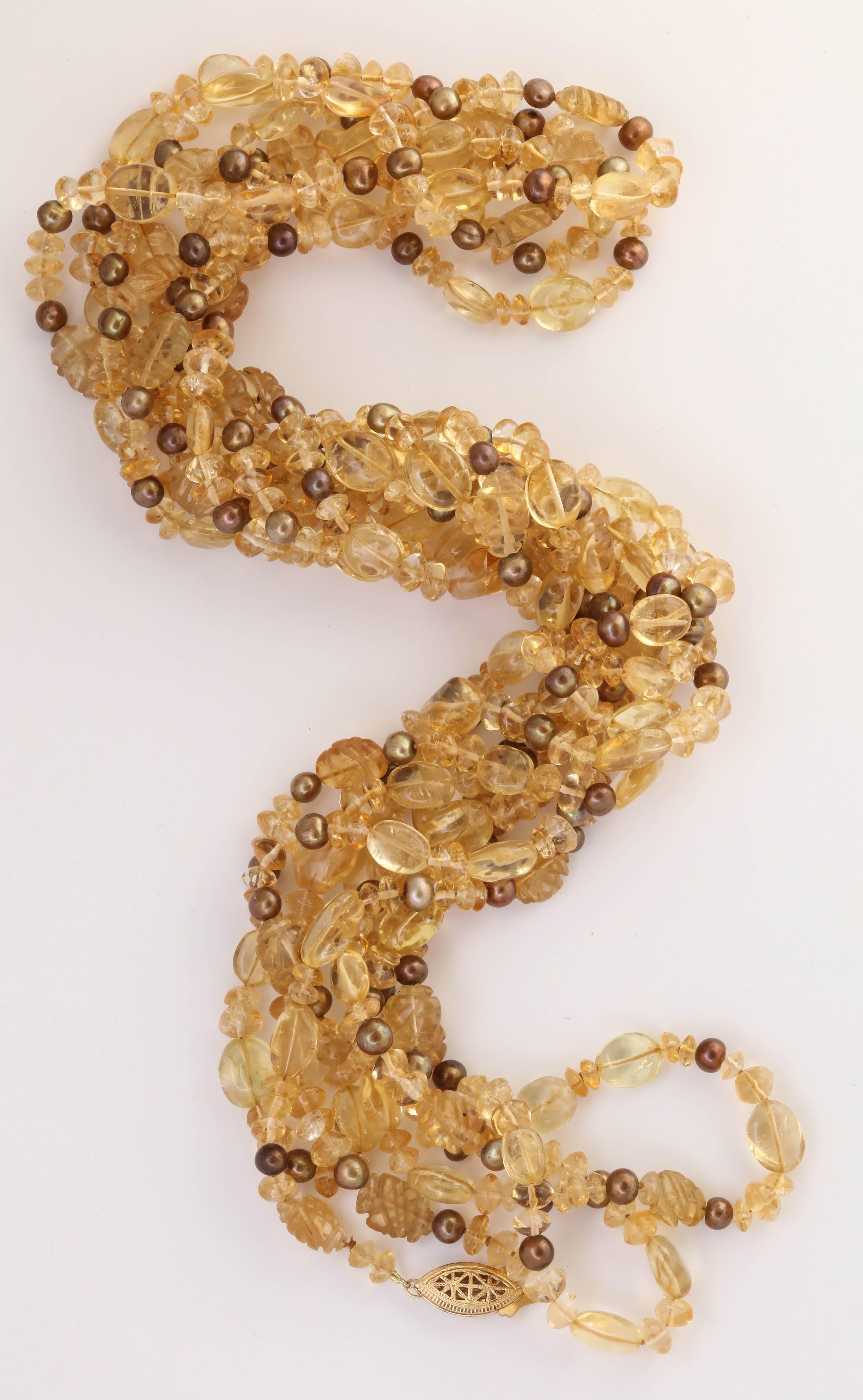 Extra Long Citrine and Brown Pearl 124 in. Necklace For Sale 1