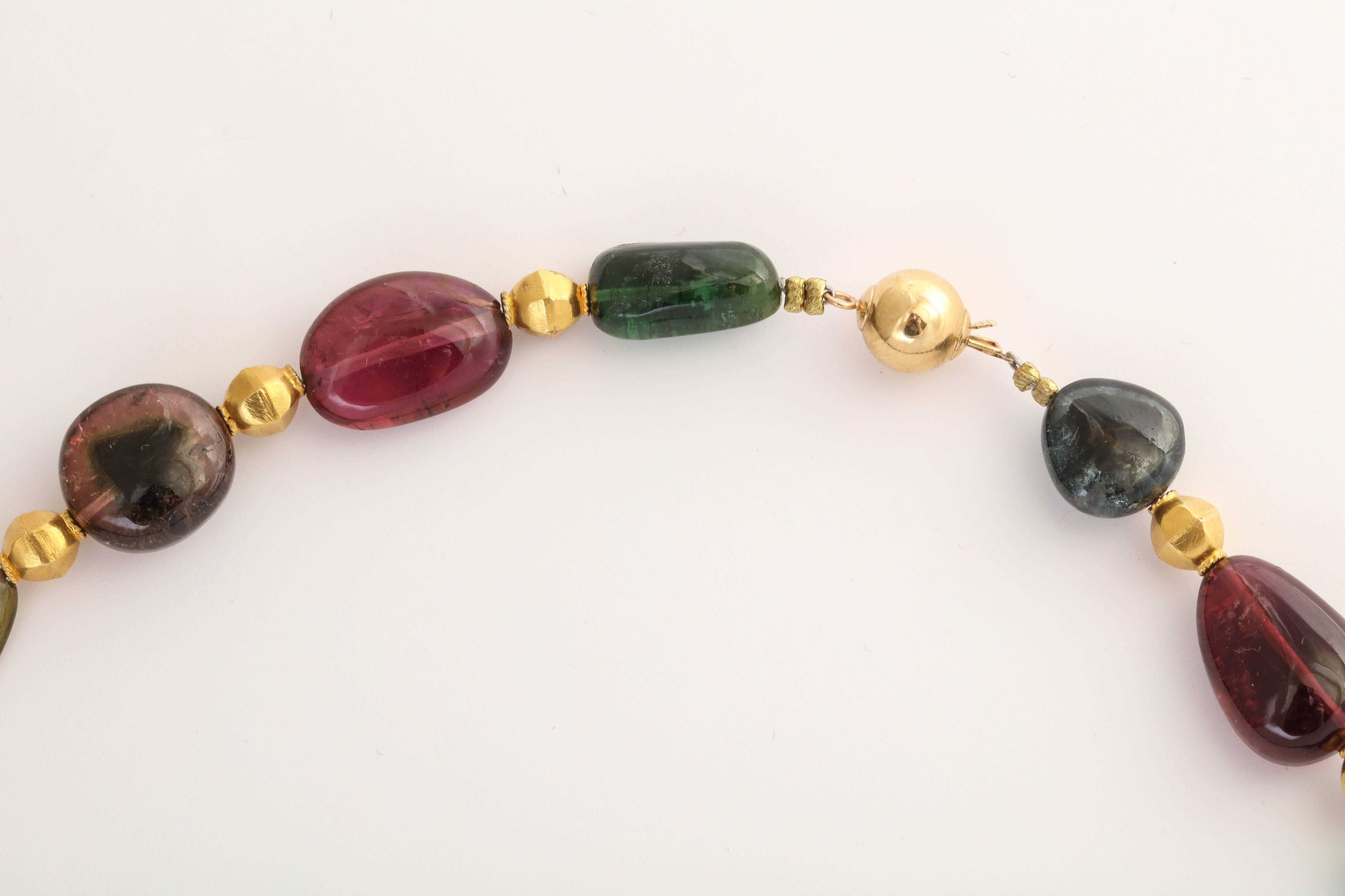 Women's or Men's Striking Tourmaline and Gold Bead Necklace For Sale