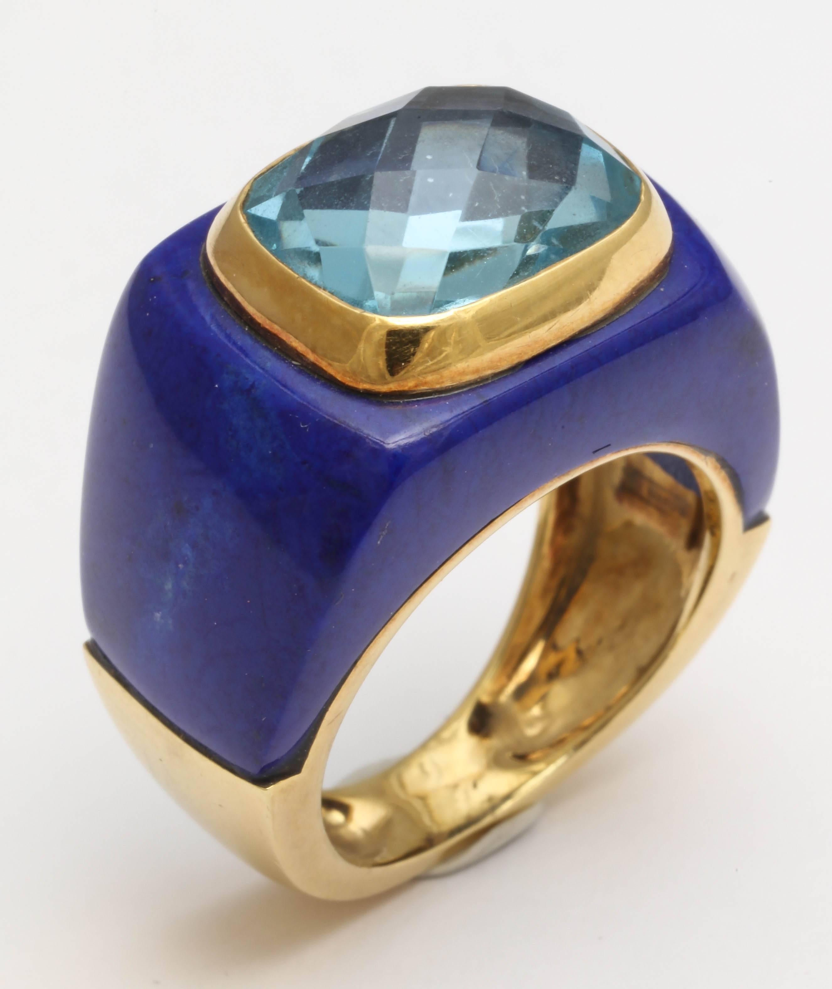 Stunning Lapis and Blue Topaz Gold Ring For Sale 1