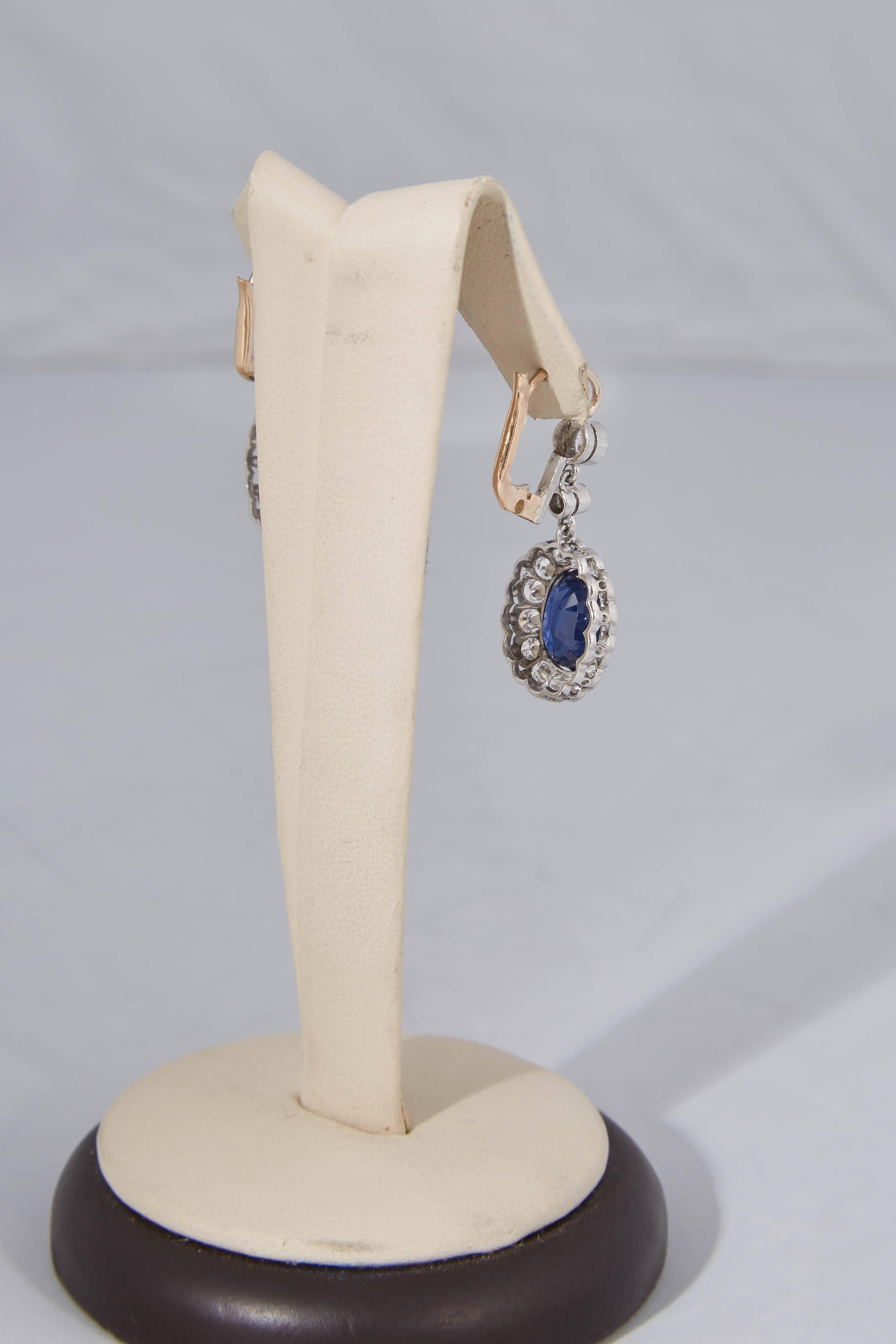1930's Scissor Cut Sapphire & Diamond Platinum Floral Cluster Drop Earrings 1