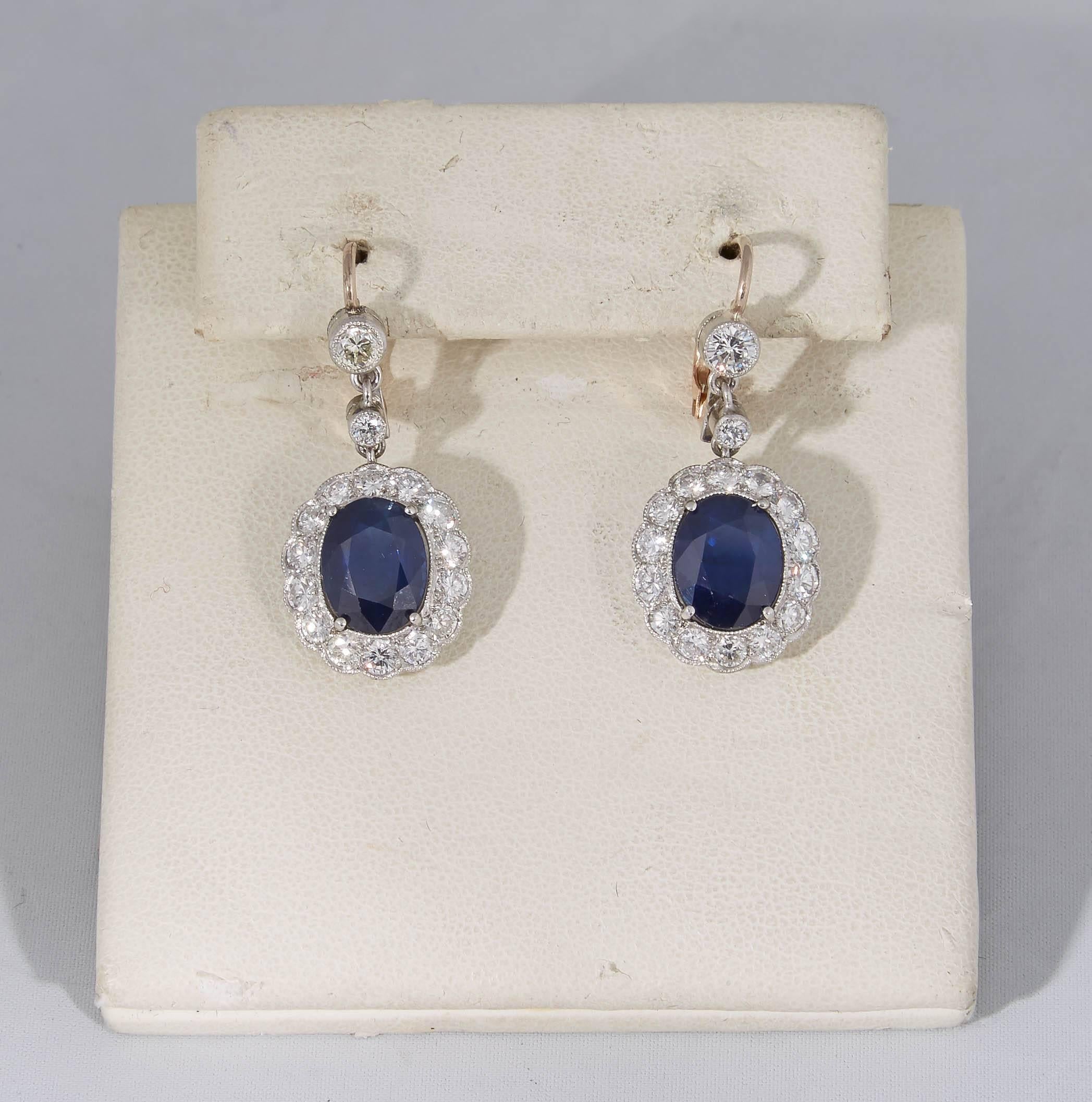 1930's Scissor Cut Sapphire & Diamond Platinum Floral Cluster Drop Earrings 2