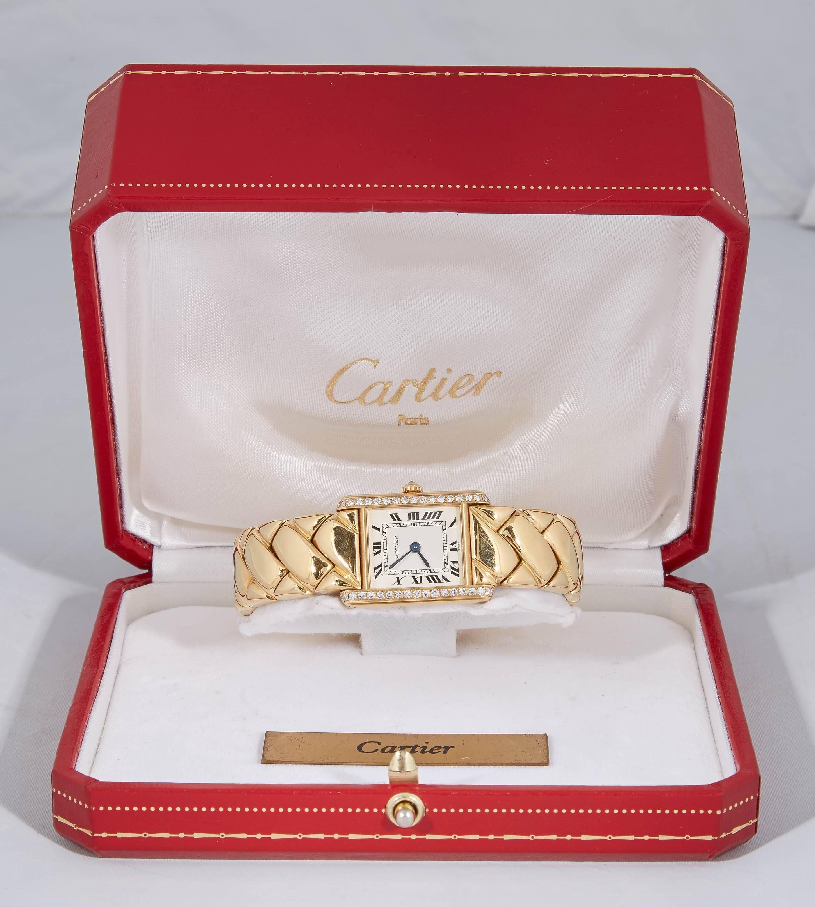 1980's Cartier Paris Woven Pattern Tank Style Gold & Diamond Watch In Excellent Condition In New York, NY