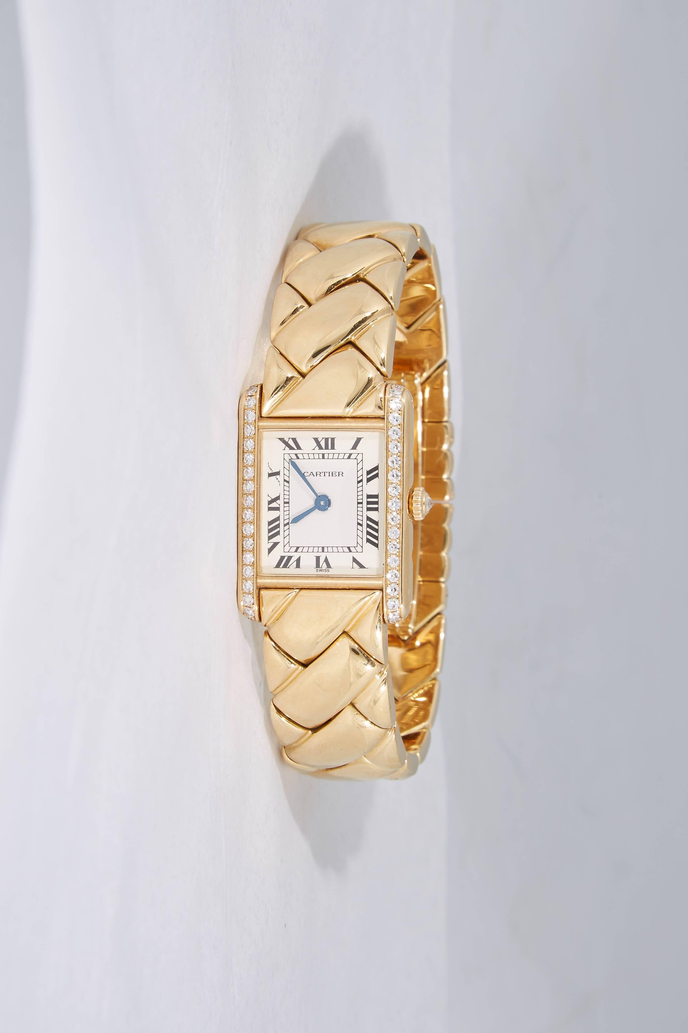 Women's 1980's Cartier Paris Woven Pattern Tank Style Gold & Diamond Watch