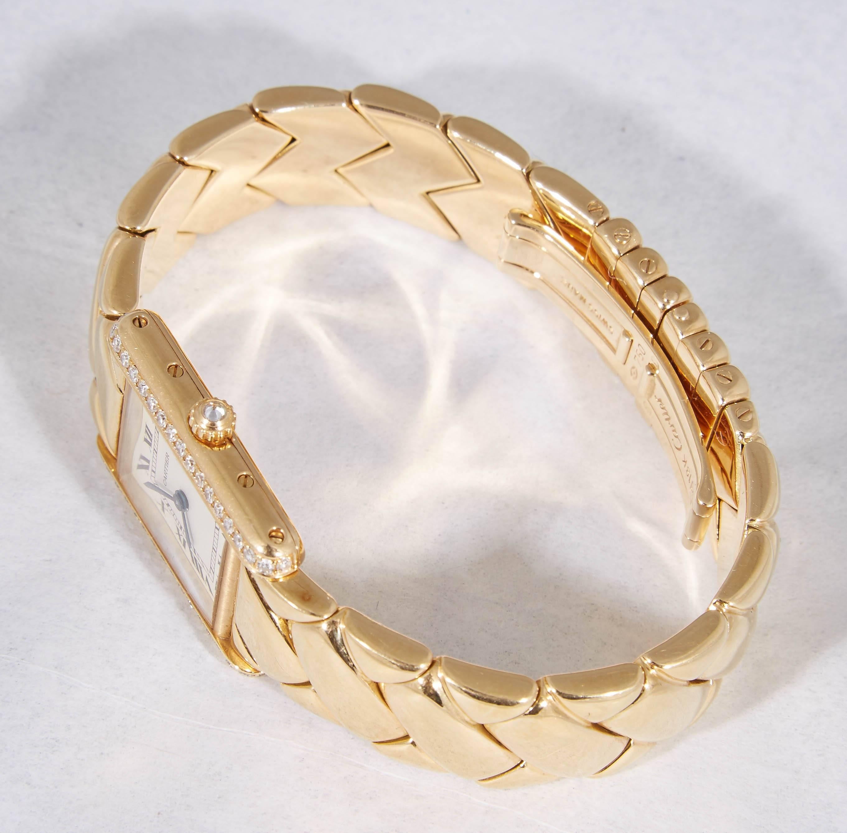1980's Cartier Paris Woven Pattern Tank Style Gold & Diamond Watch 1