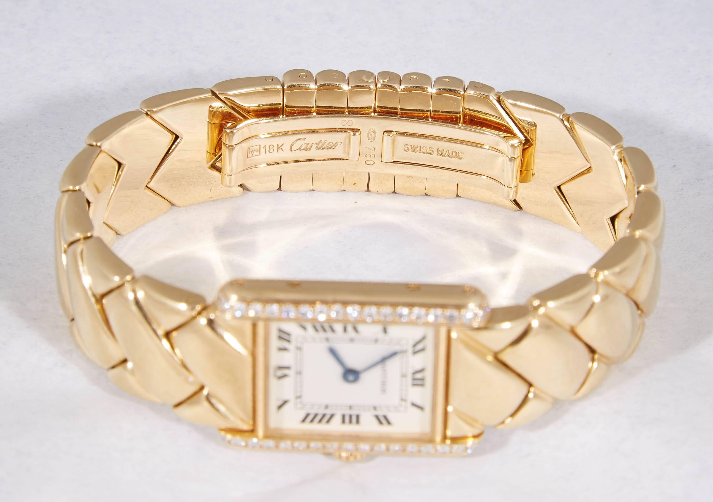 1980's Cartier Paris Woven Pattern Tank Style Gold & Diamond Watch 2