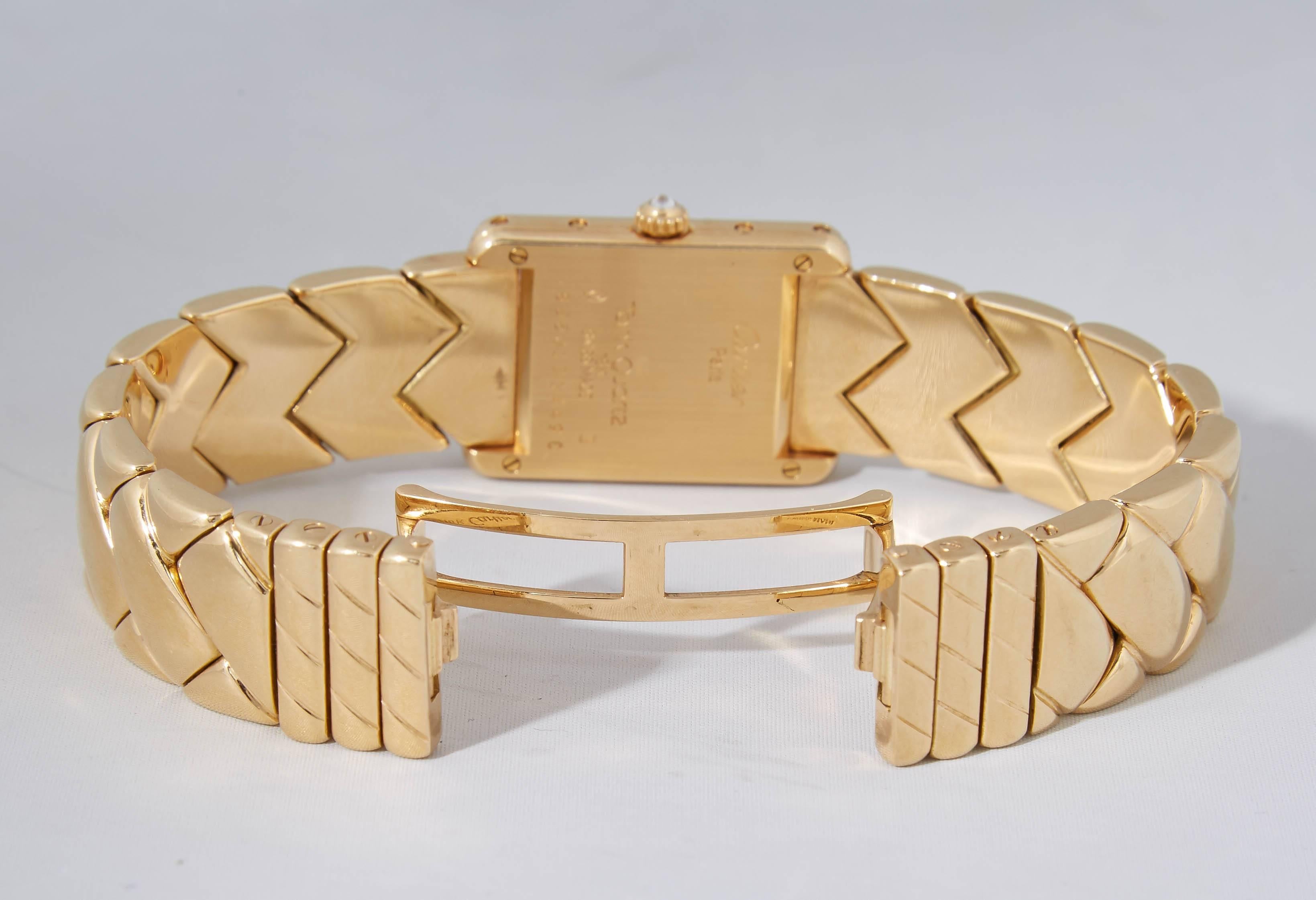 1980's Cartier Paris Woven Pattern Tank Style Gold & Diamond Watch 3