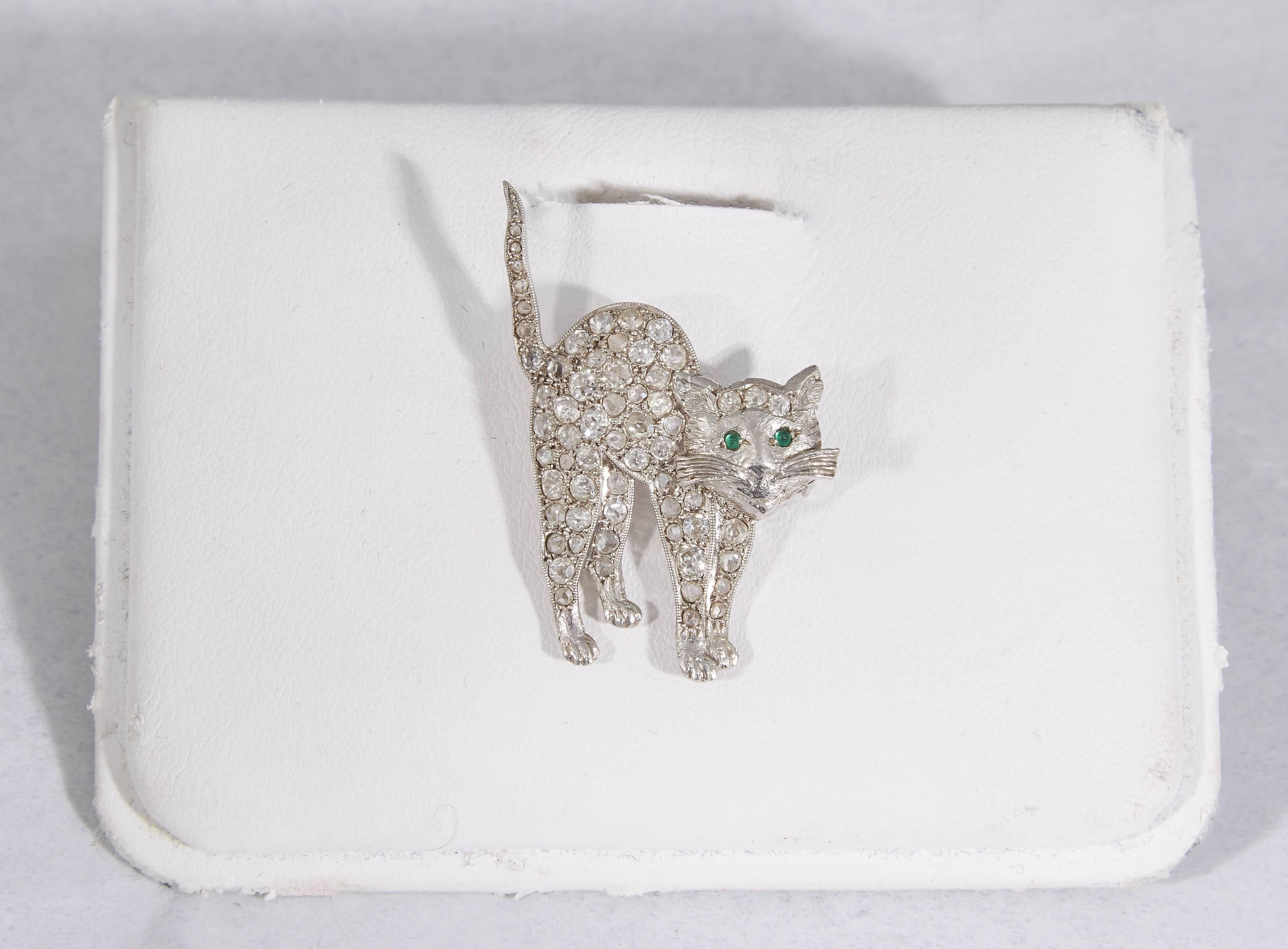 Women's or Men's 1920's Old Cut Diamonds With Cabochon Emeralds Figural Cat Platinum Brooch