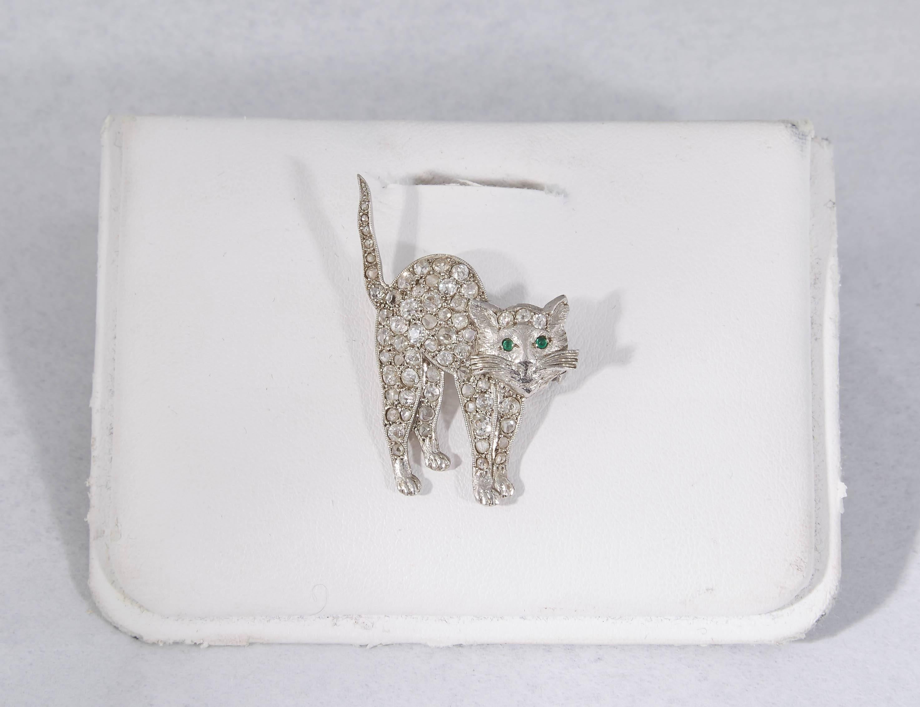 1920's Old Cut Diamonds With Cabochon Emeralds Figural Cat Platinum Brooch 1