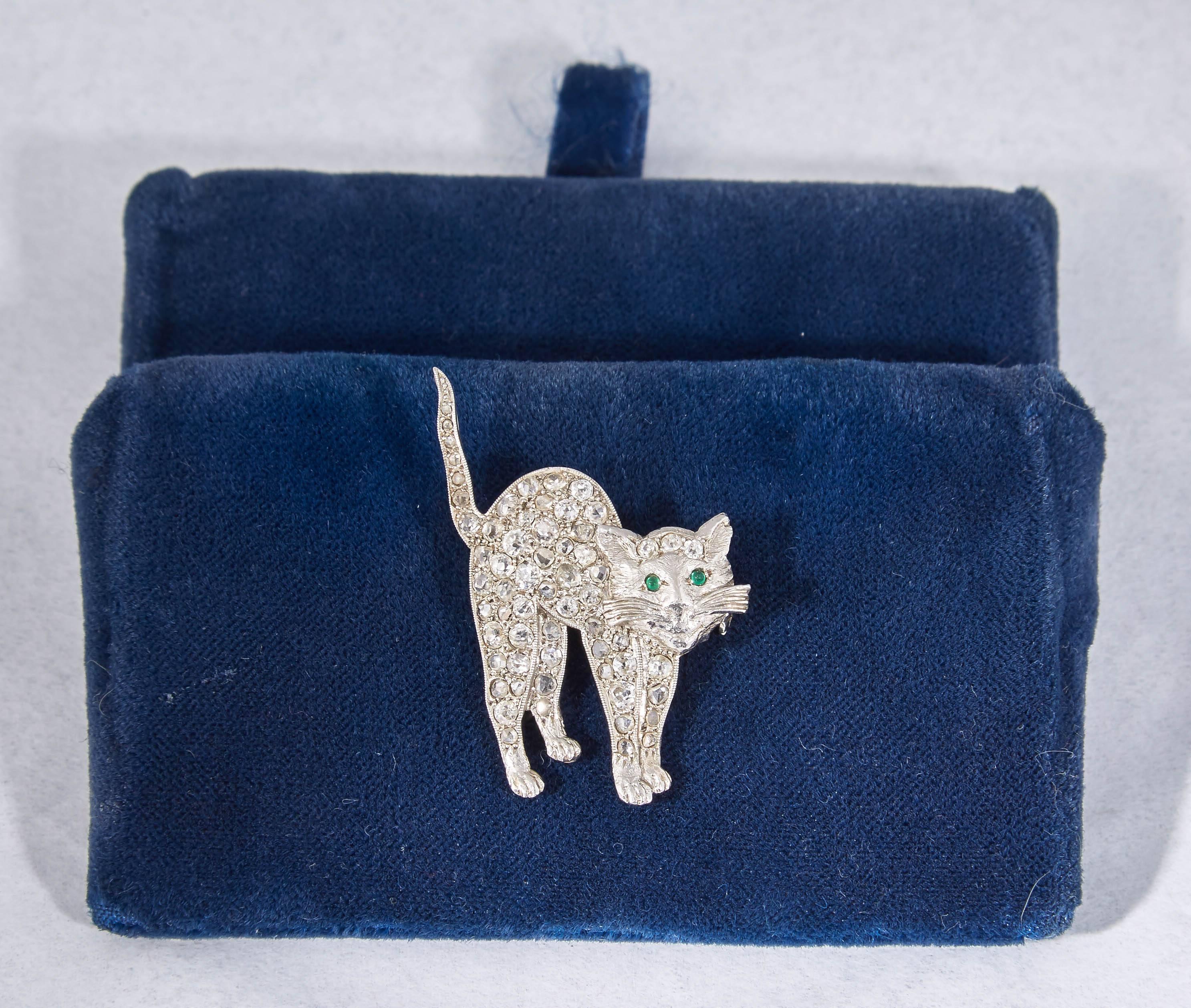 1920's Old Cut Diamonds With Cabochon Emeralds Figural Cat Platinum Brooch 2