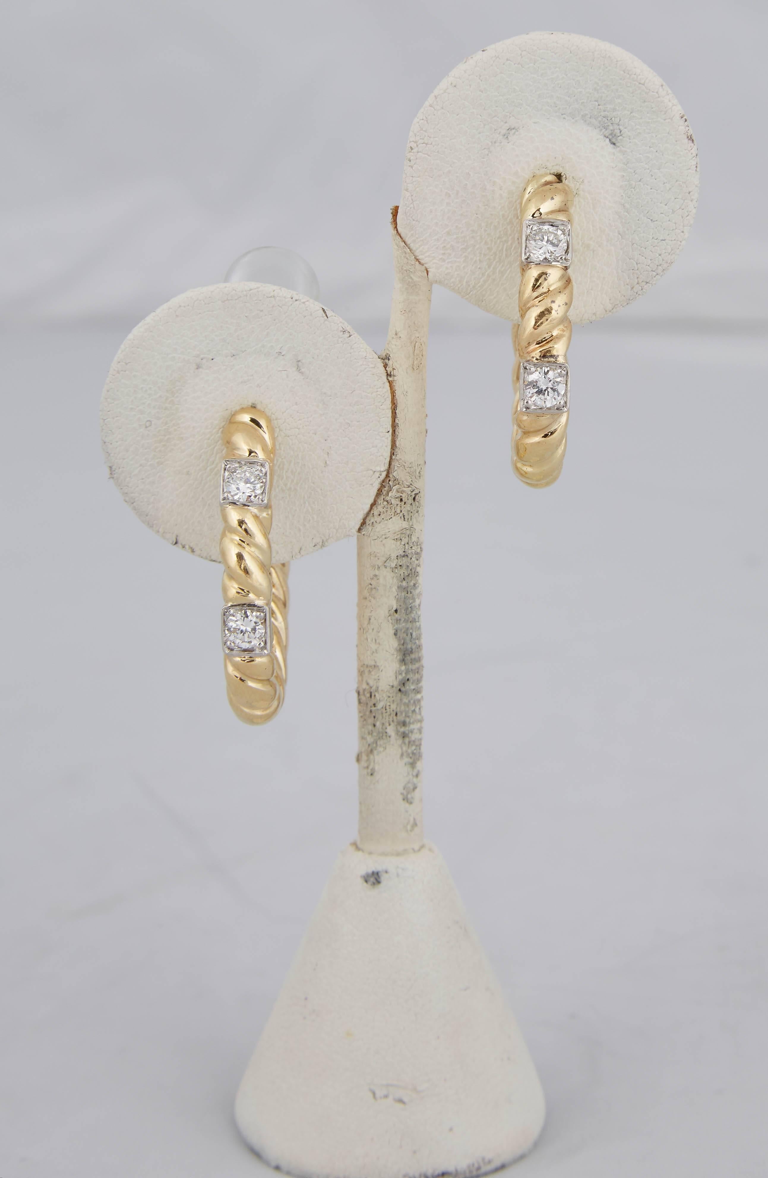 18kt Yellow Gold Twisted Gold Design Hoop Earrings With .64 Total Weight Of Very High Quality Full Cut Diamonds. Each Diamond Weighing .16ct Each. . Earrings Created With Very Fancy High quality Clip-On Back Closures . NOTE Posts May Be Added For