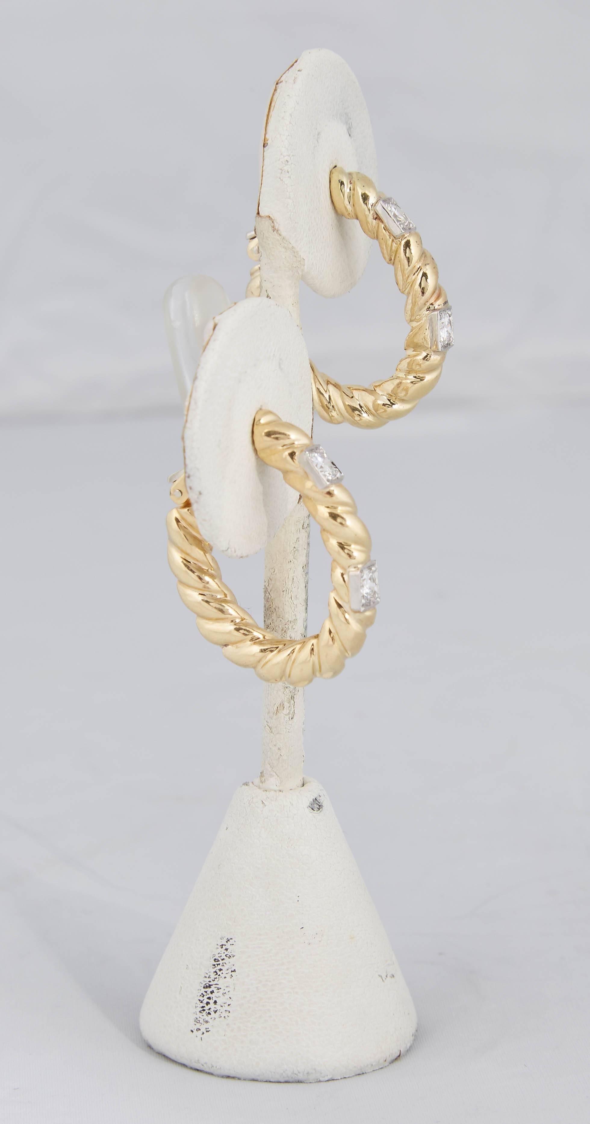 1960s Diamond Gold Chic Twisted Rope Design Hoop Clip On Earrings In Excellent Condition In New York, NY
