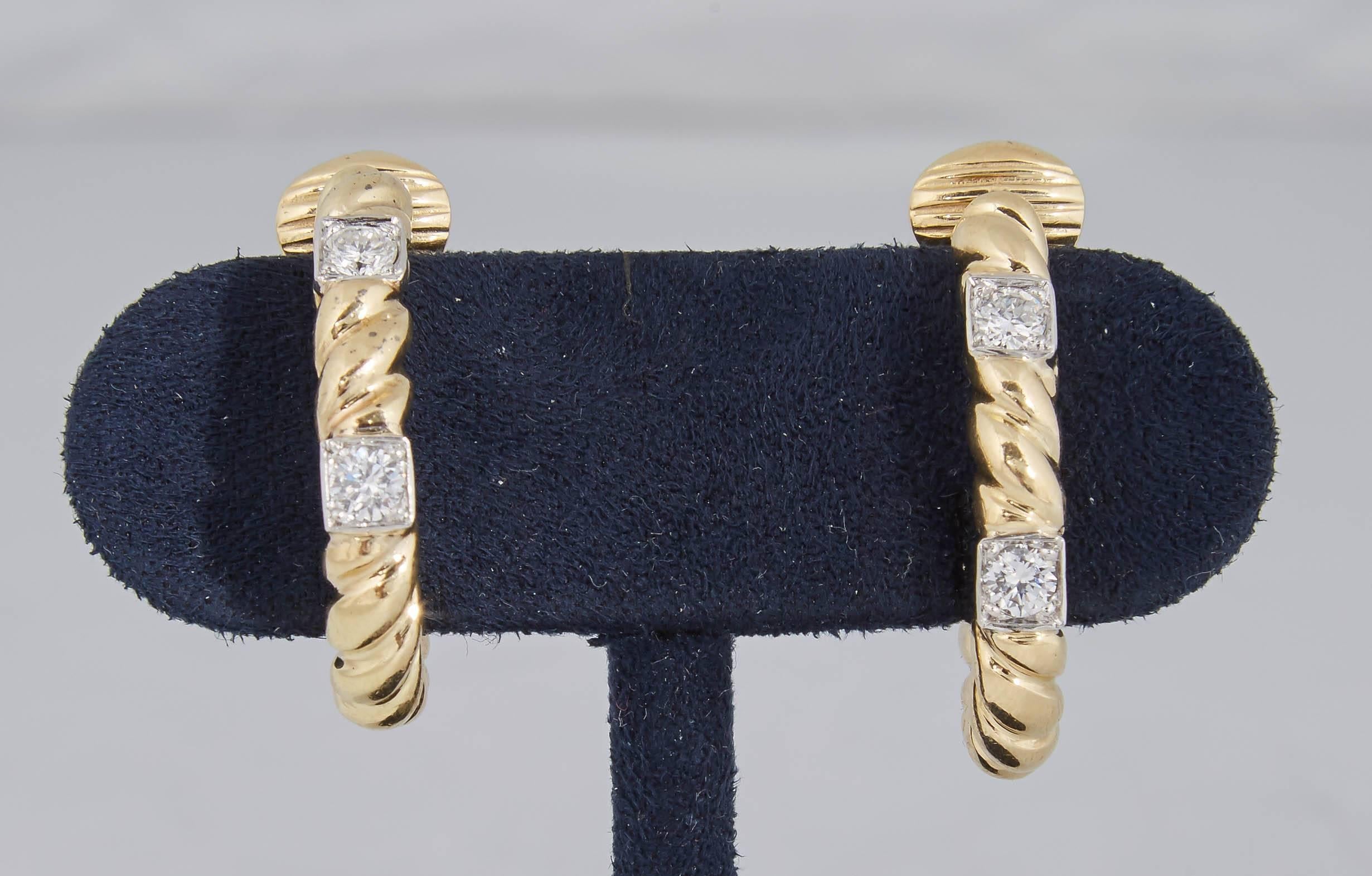 1960s Diamond Gold Chic Twisted Rope Design Hoop Clip On Earrings 2