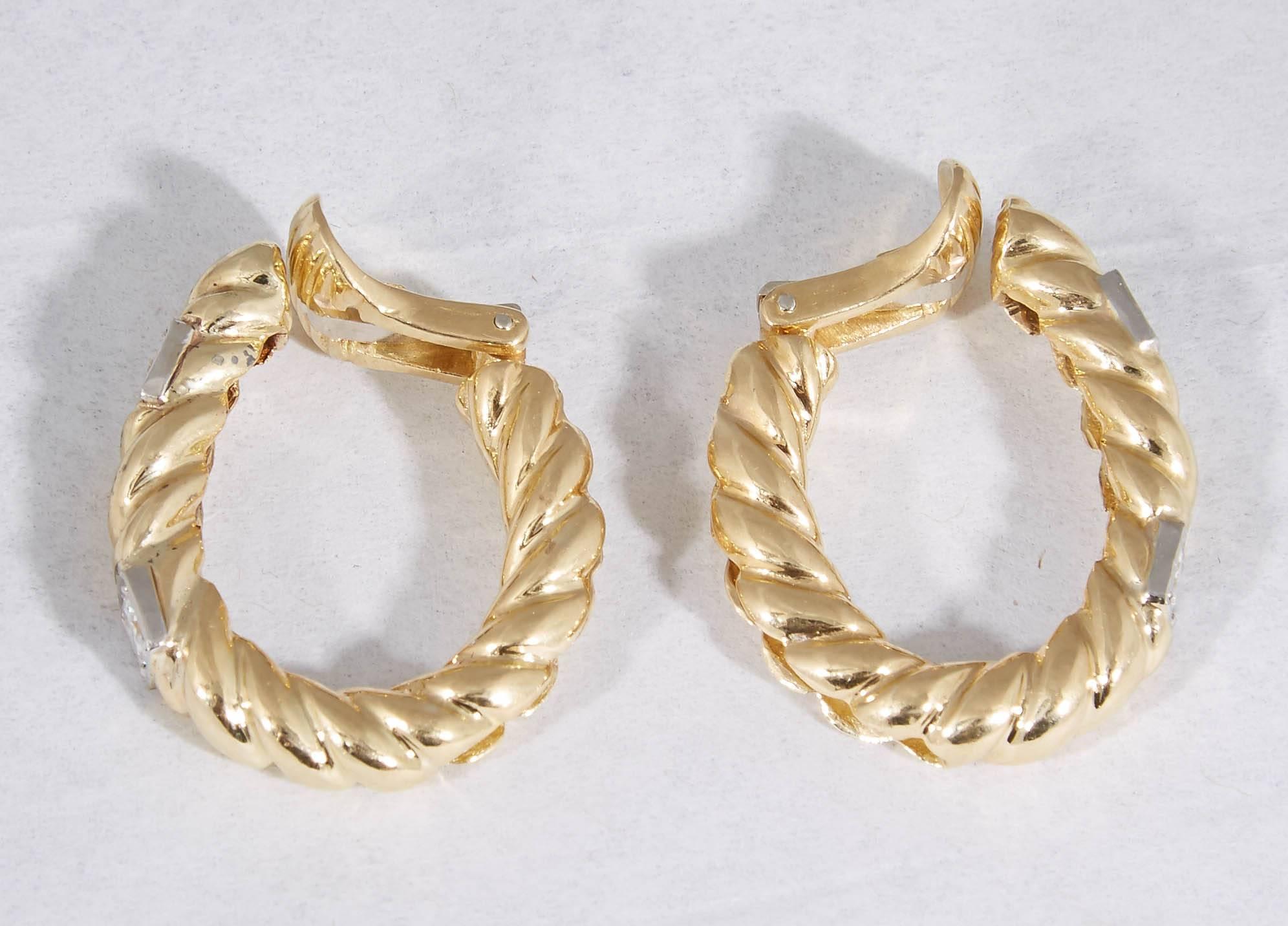 1960s Diamond Gold Chic Twisted Rope Design Hoop Clip On Earrings 3