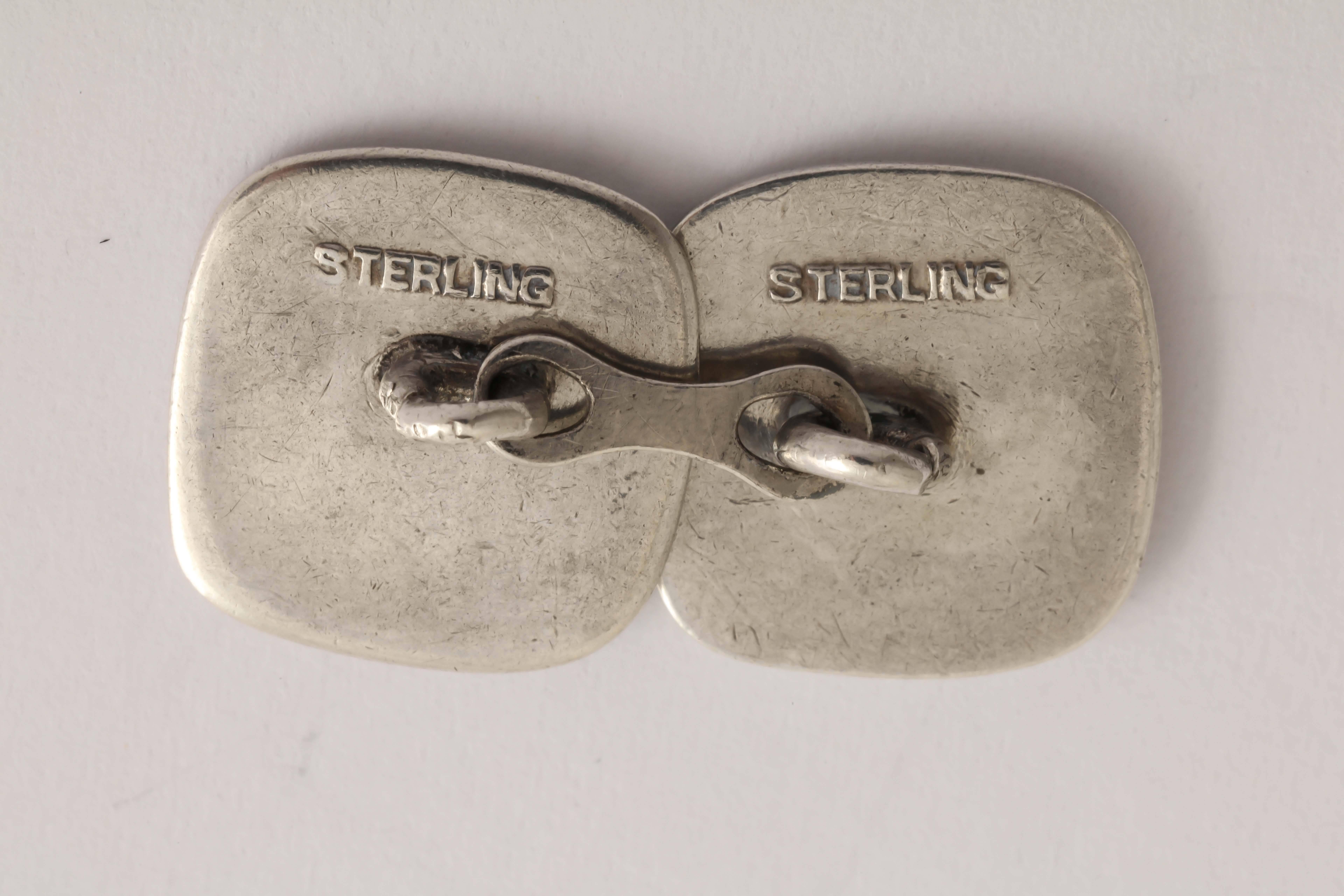 Men's American Art Deco Sterling Silver and Guilloche Enamel Cufflinks For Sale