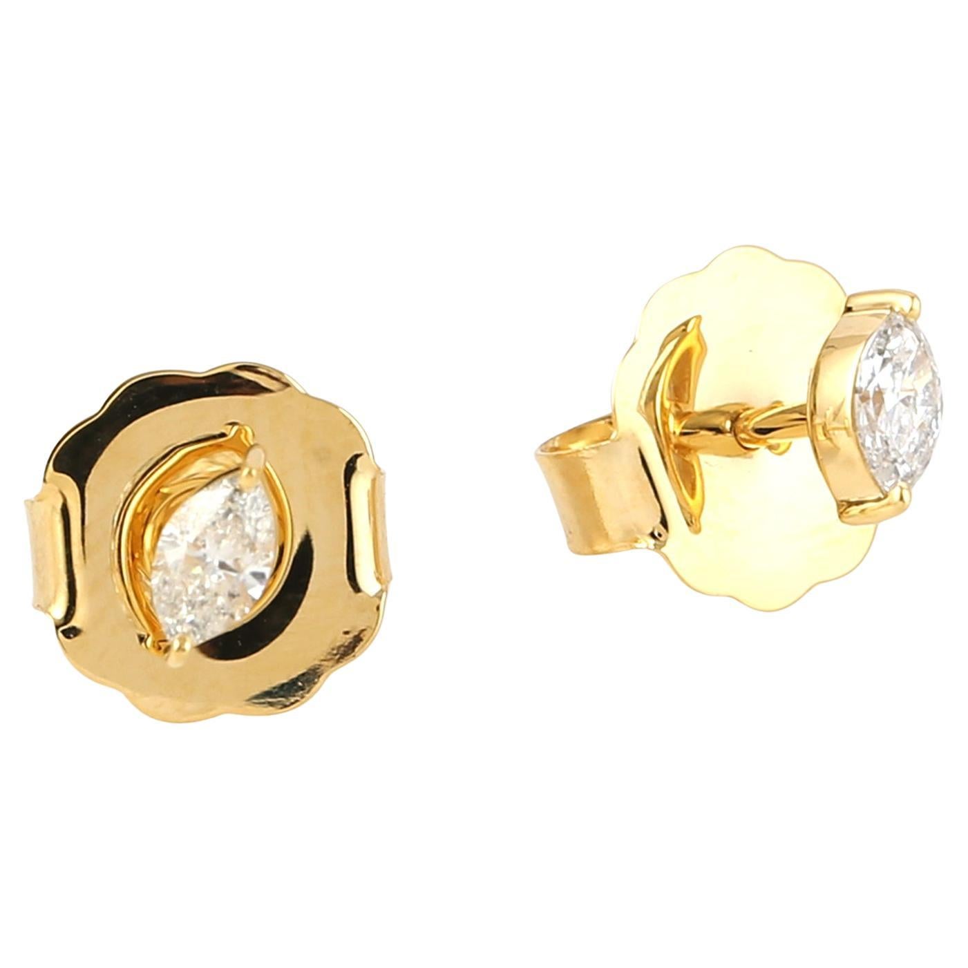 Marquise Shape Diamond Studs Made In 14K Yellow Gold For Sale