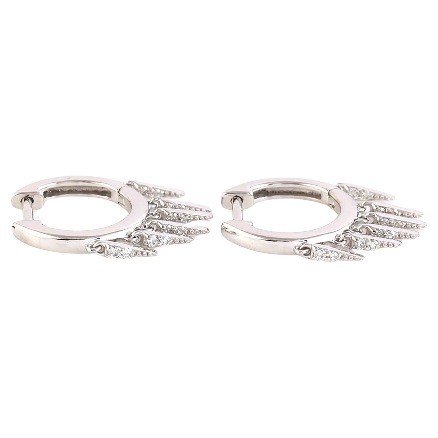 Fringe Diamonds Huggies Earrings Made In 18K White Gold For Sale
