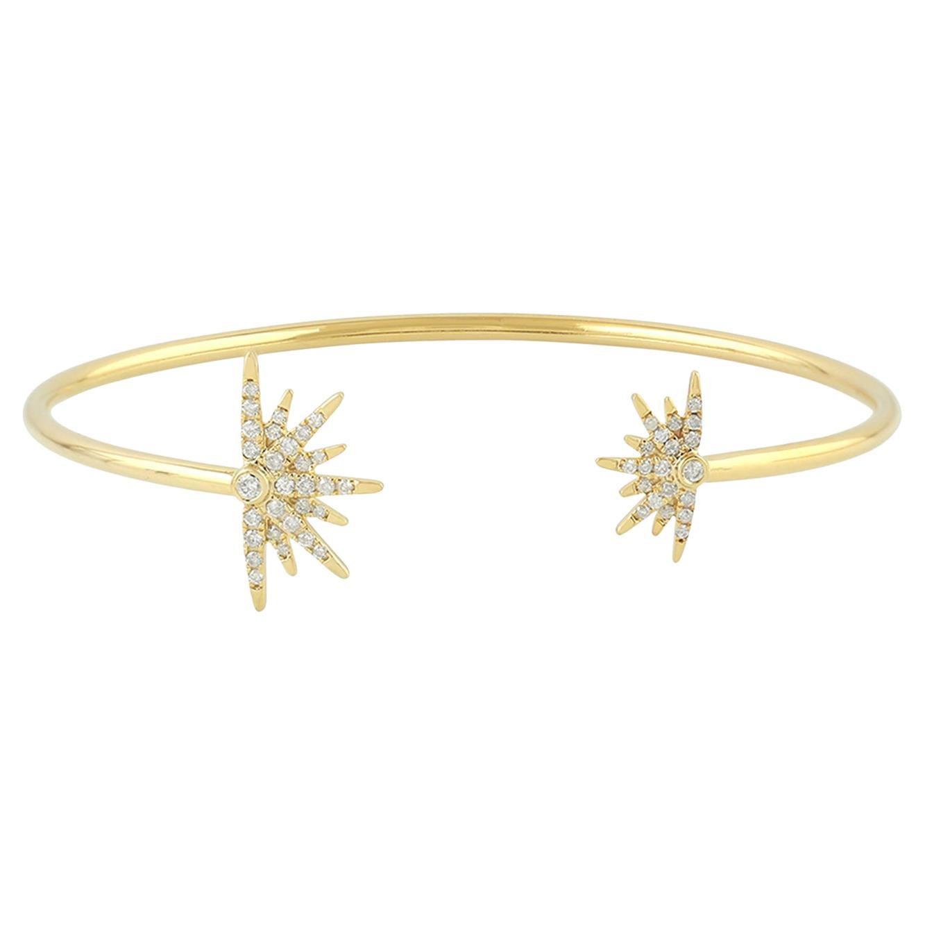 Starburst Pave Diamond Bangle Made In 14k Yellow Gold For Sale