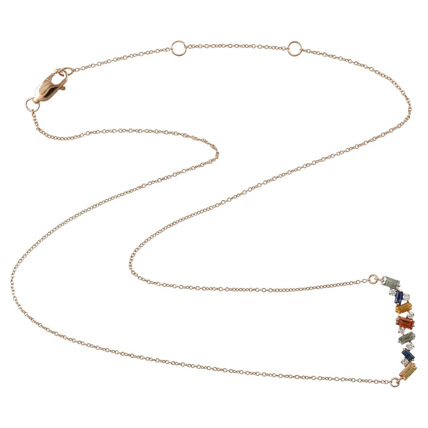 Baguette-förmigen Saphir & Diamant-Anhänger Kette Halskette in 18k Rose Gold