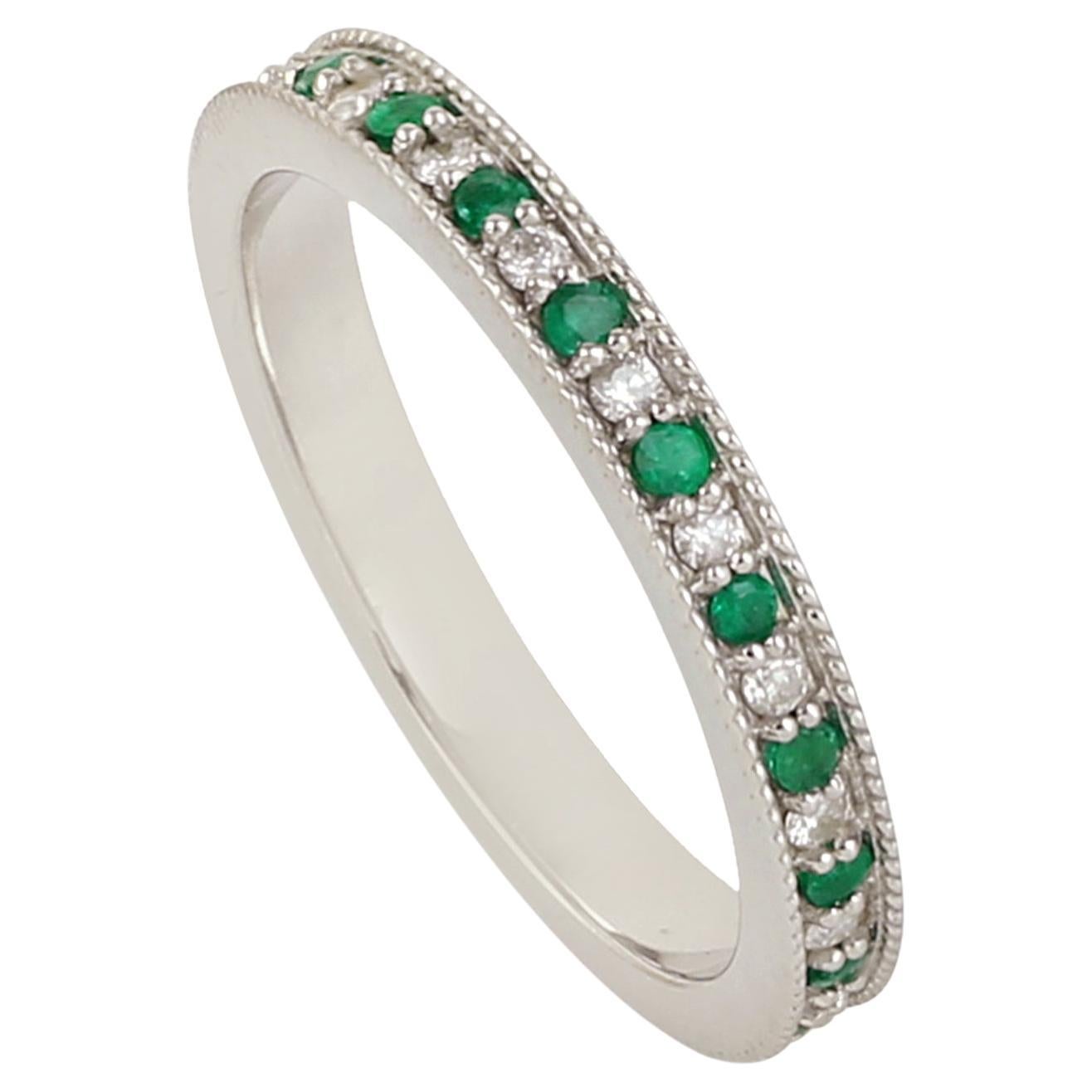 Pave Diamond & Emerald Channel Set Band Ring Made In 14K White Gold For Sale