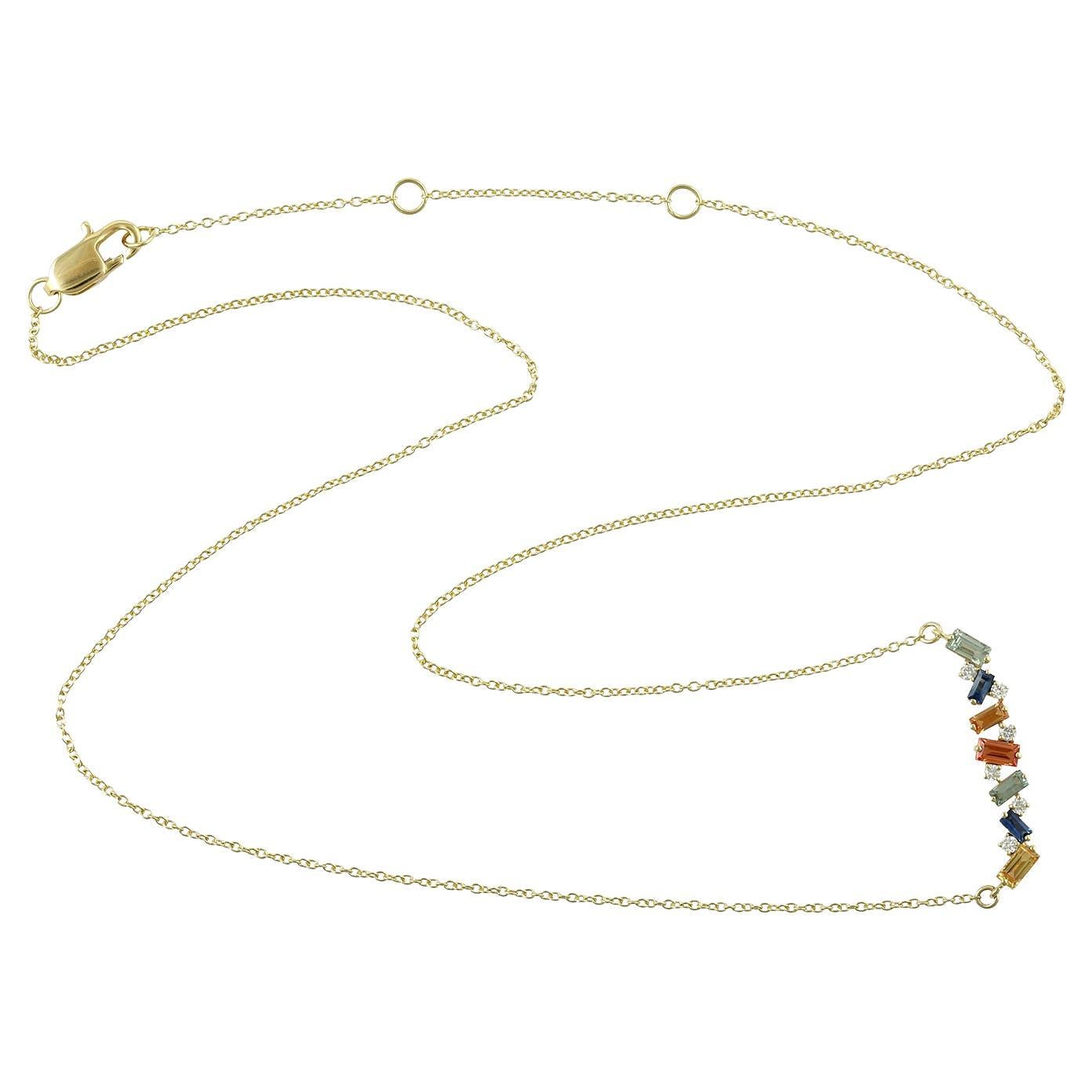 Rainbow Sapphire & Diamonds Pendant Chain Necklace Made In 18k Yellow Gold