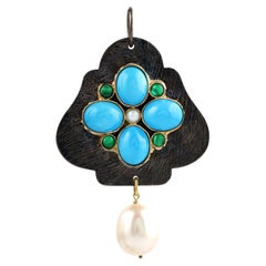 Chinese Pearl & Oval Cut Turquoise Malachite Pendant In 18k yellow Gold & Silver