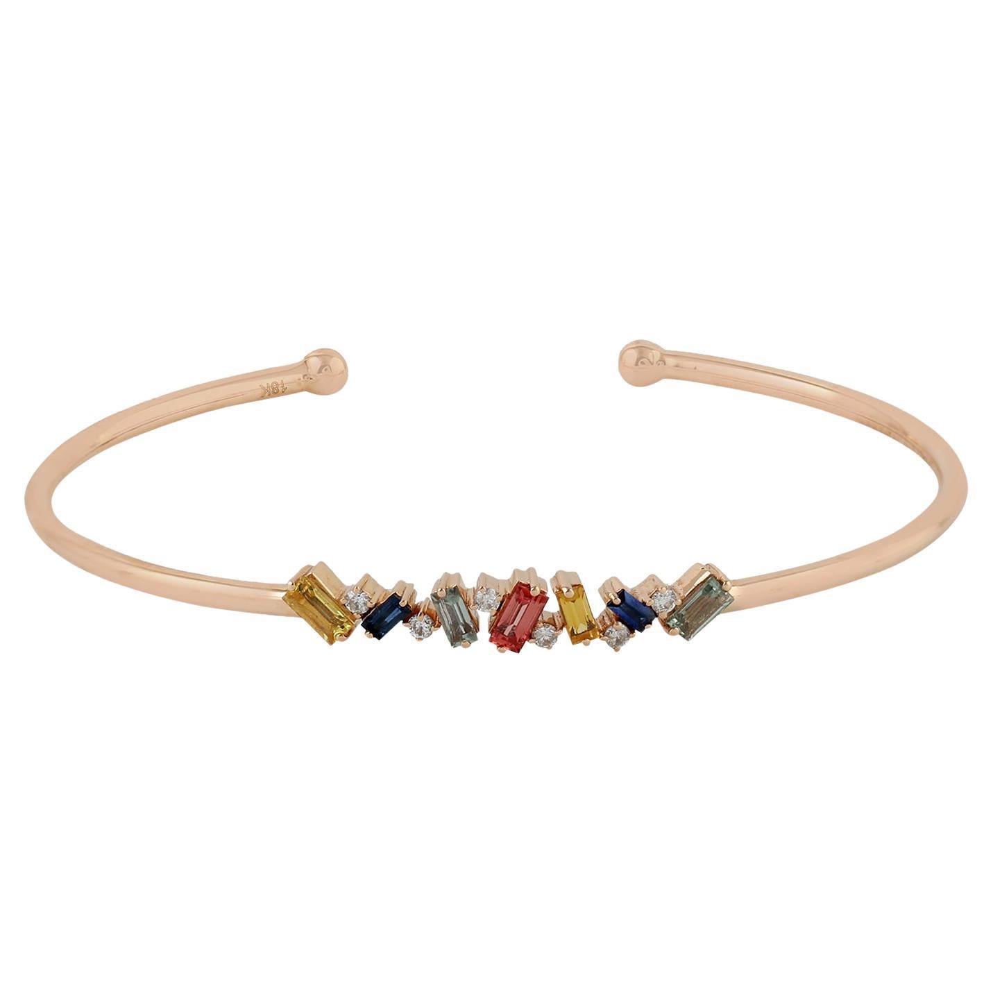 Rainbow Sapphire Baguette Bracelet With Diamonds Made In 18K Rose Gold For Sale