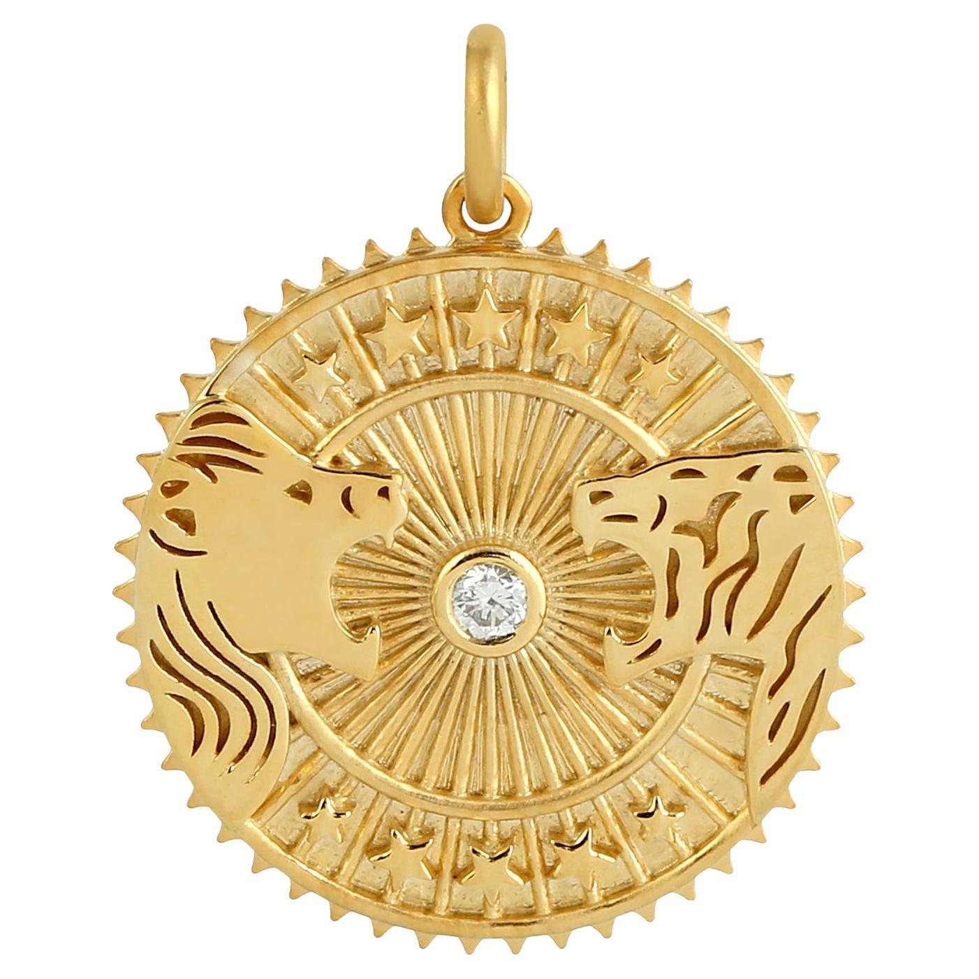 Lion & Tiger Charm Pendant With Pave Diamonds Made In 14K Yellow Gold