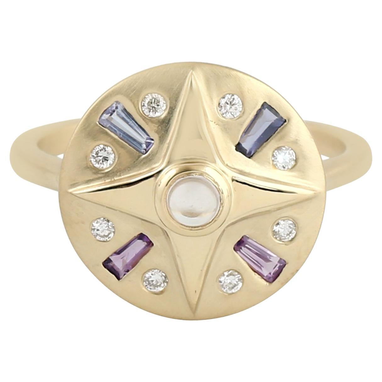 Multi Gemstone Disc Ring With Diamonds Made In 18k Yellow Gold