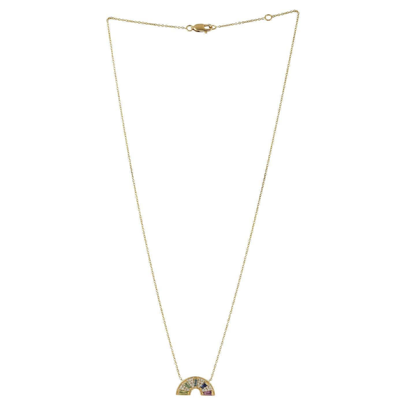 Baguette Multi Gemstone & Diamond Pendant Chain Necklace Made In 18k Yellow Gold For Sale