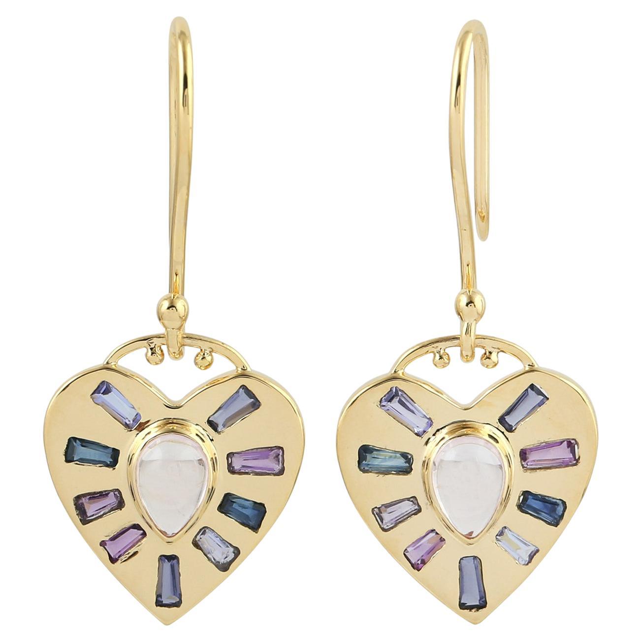 Baguette Multi Gemstone & Diamond Pendant Dangle Earrings In 18k Yellow Gold For Sale