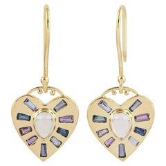 Boucles d'oreilles pendantes en or jaune 18k avec pendentif baguette, pierres multiples et diamants