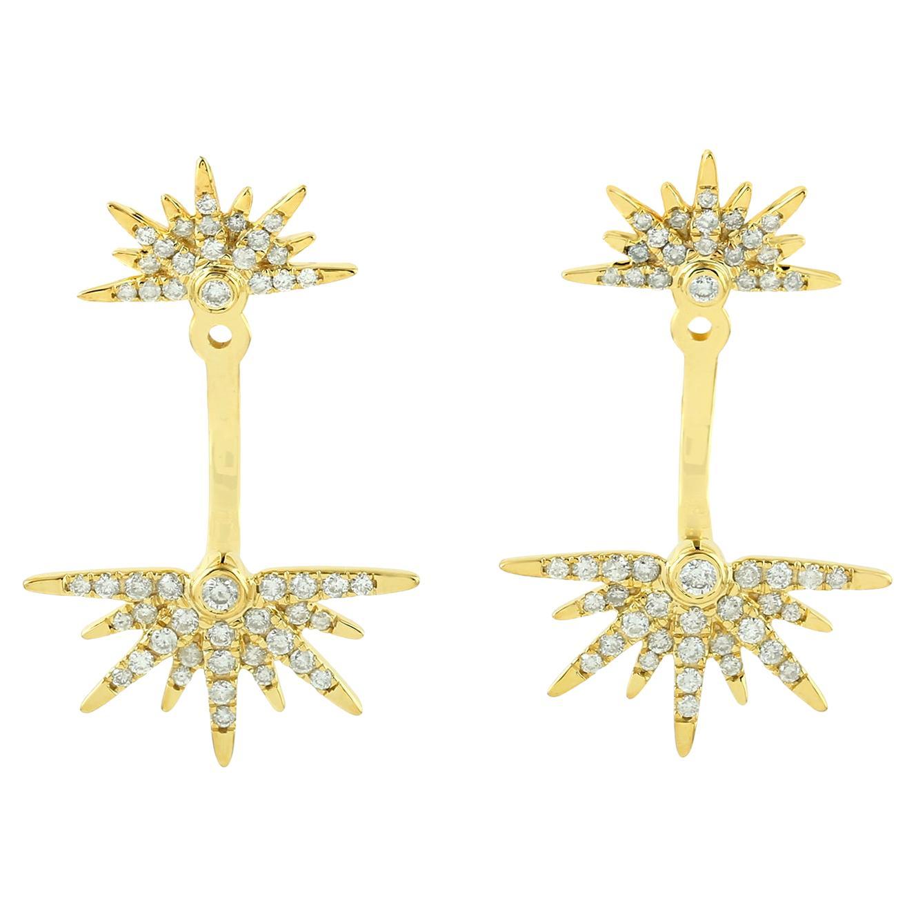 Sunburst Pave Diamond Ear Jackets Made In 14K Yellow Gold For Sale