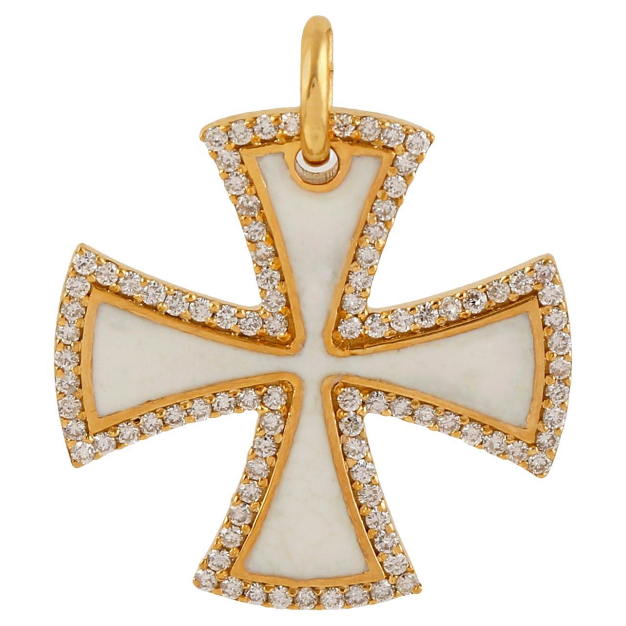 Cross Shaped Pave Diamond Enamel Pendant Made In 14K Yellow Gold For Sale