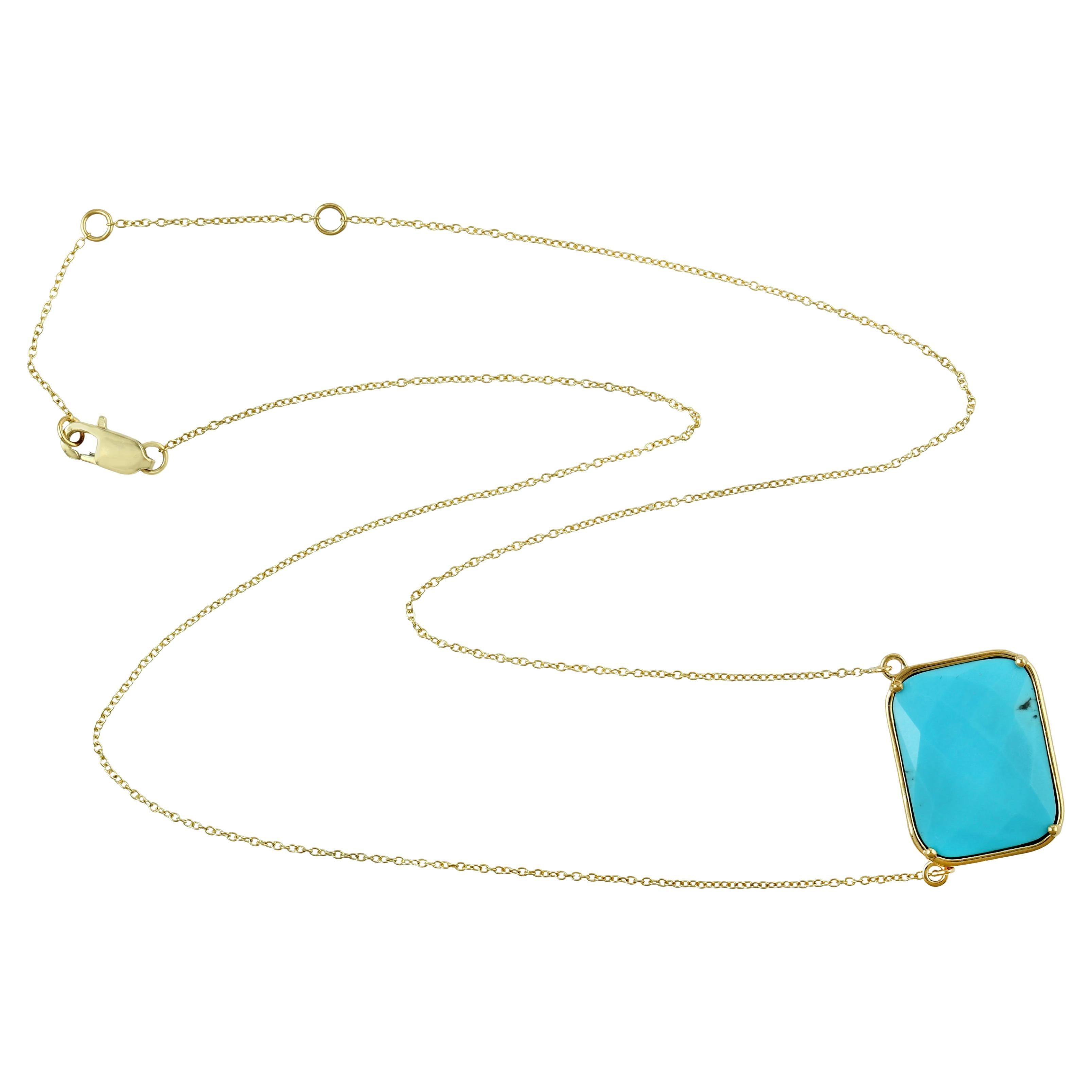 Cushion Shaped Blue Turquoise Pendant Necklace Made In 18K Yellow Gold