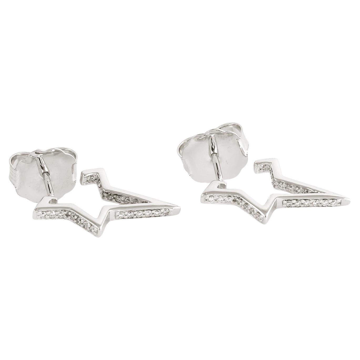 Half Star Pave Diamond Dangle Earrings Made In 18K White Gold For Sale