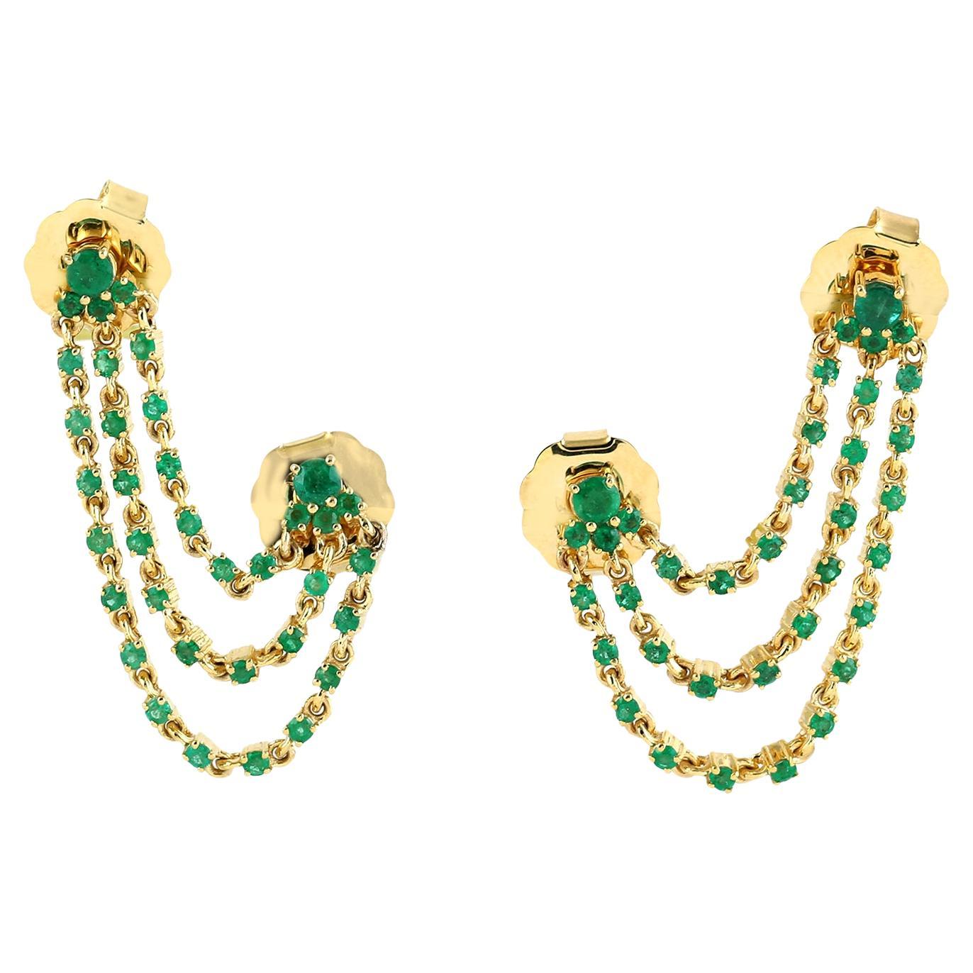 Emerald Thread Earrings Made In 14K Yellow Gold For Sale