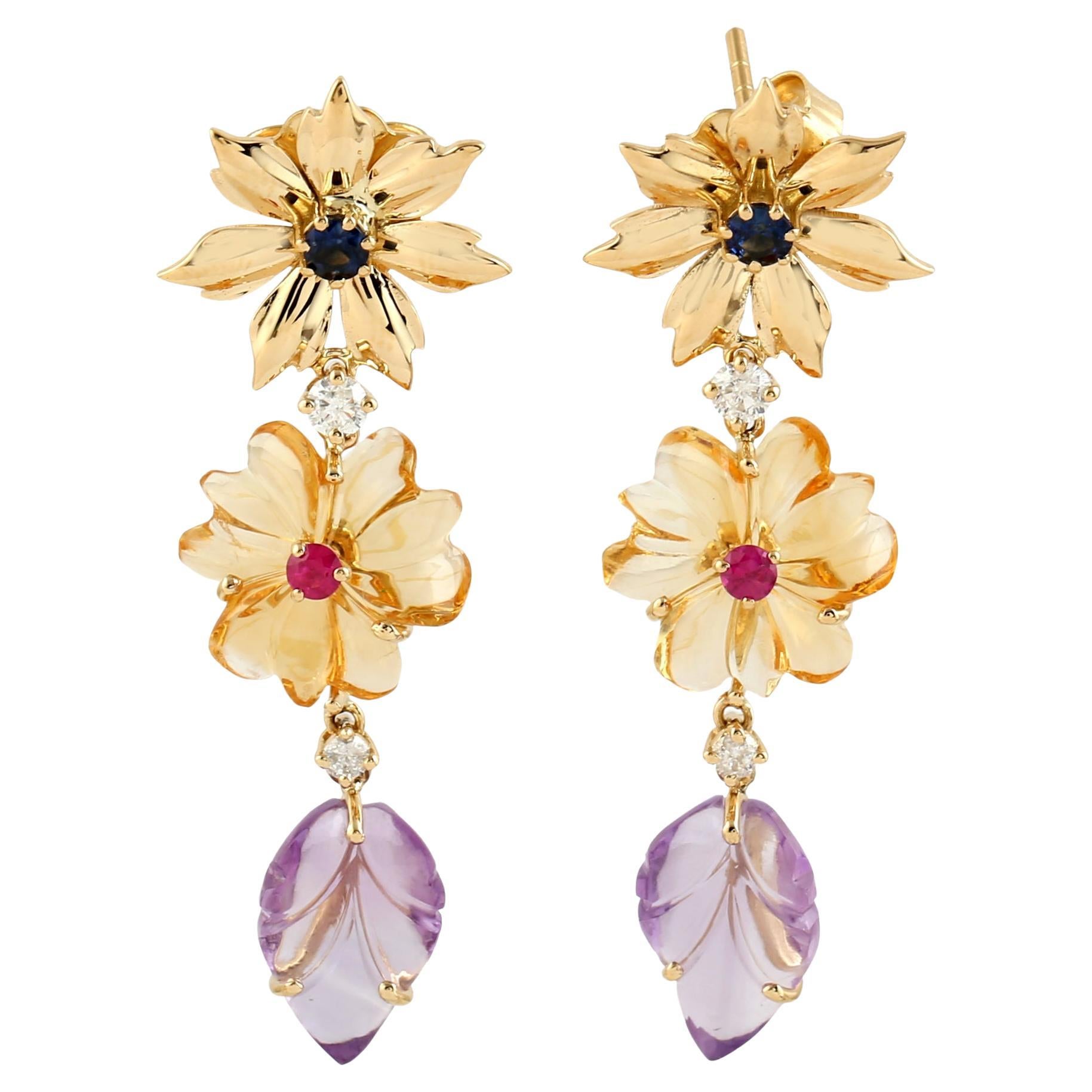 Multi Gemstone Carved Flower Dangle Earrings w/ Blue Sapphire & Diamonds For Sale